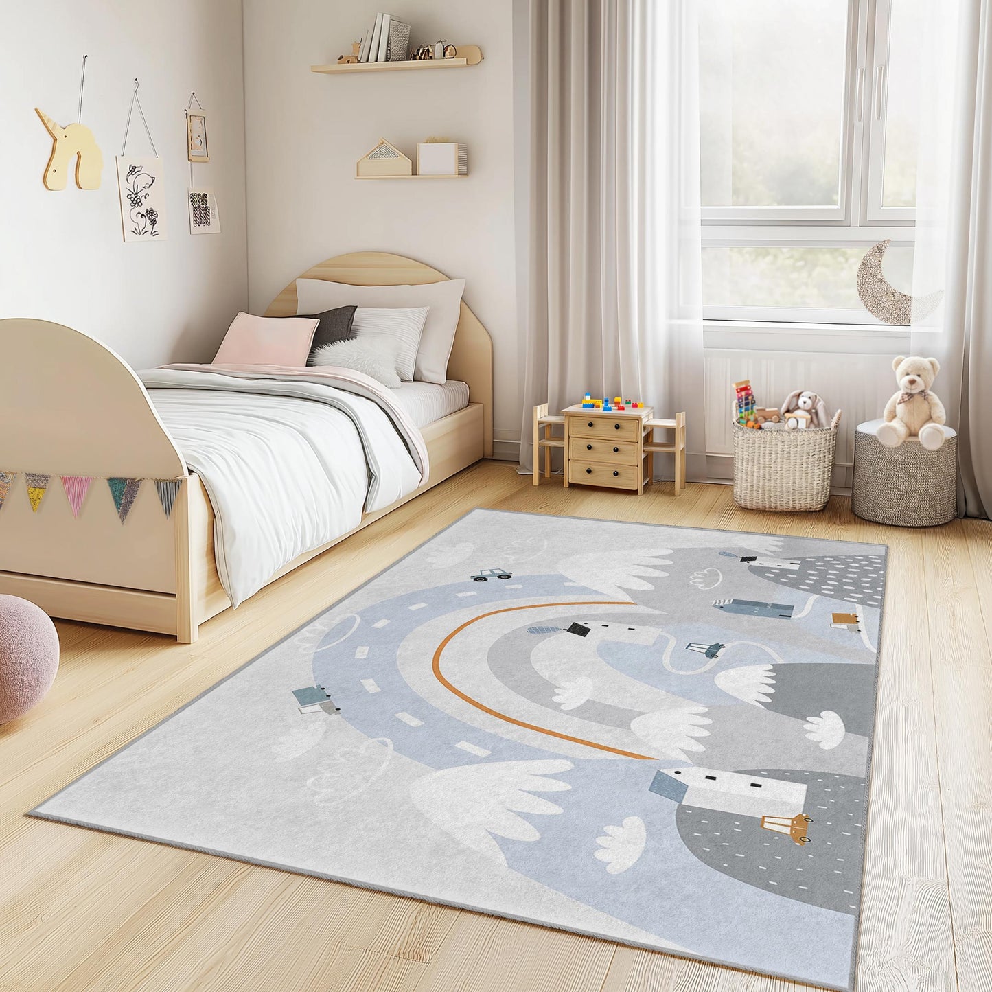 Verspielter rechteckiger Kinderteppich mit Straßenkartenmotiv, Spielteppich für Kinderzimmer, weiche Kinderzimmerdekoration, interaktive Spielmatte