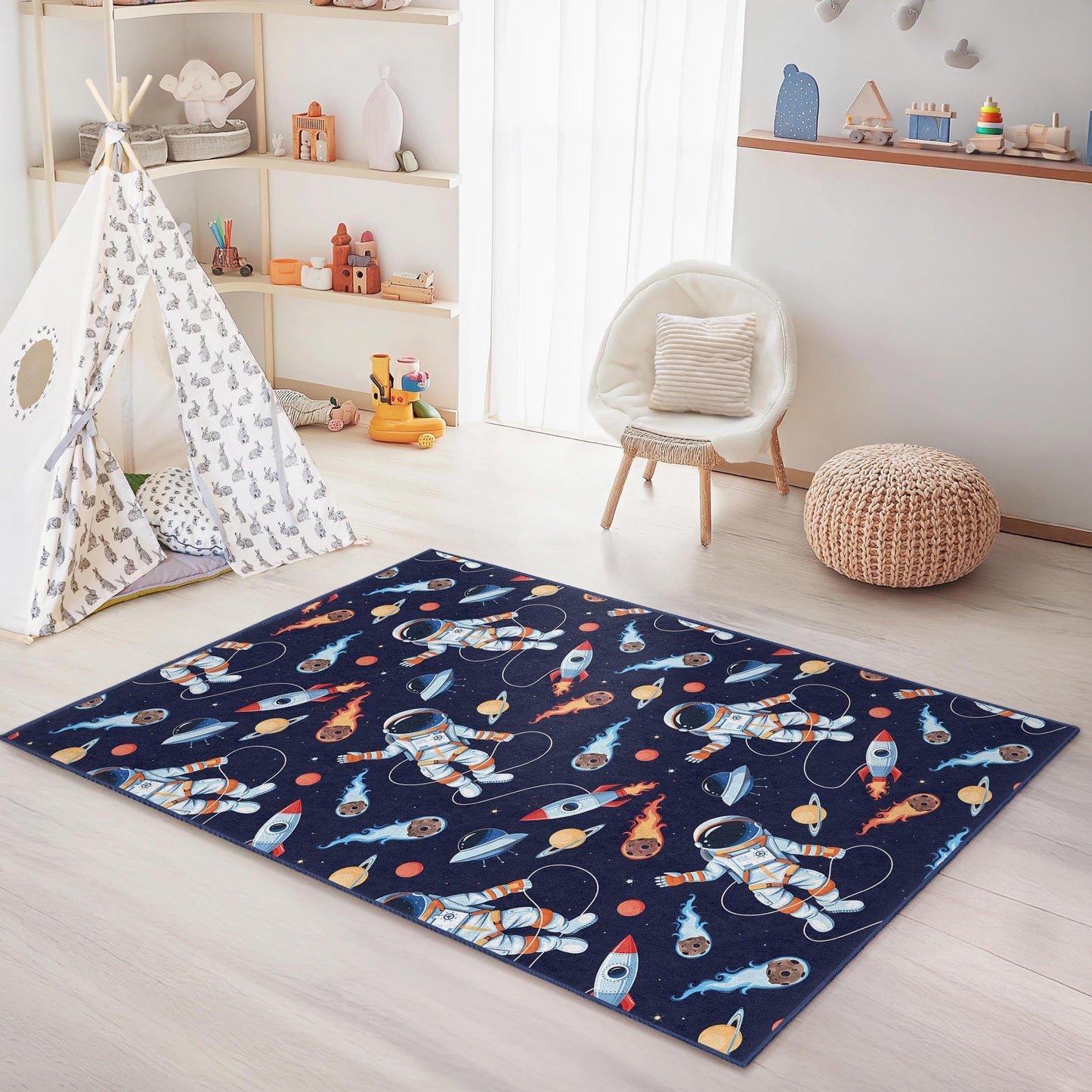 Astronauten-Abenteuer-Kinderteppich, rechteckiger Weltraumteppich, Weltraumdeko, Spielzimmerteppich, Kinderzimmerboden