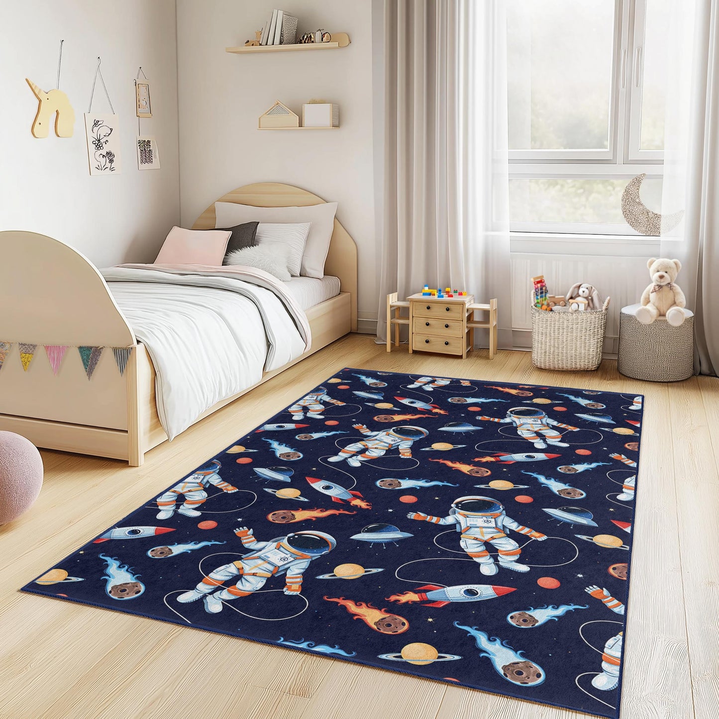 Astronauten-Abenteuer-Kinderteppich, rechteckiger Weltraumteppich, Weltraumdeko, Spielzimmerteppich, Kinderzimmerboden