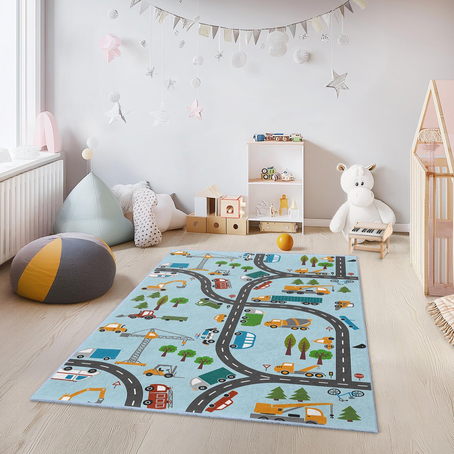 Baustellen-Spielteppich für Kinder, rechteckiger Teppich mit LKW- und Fahrzeugmuster, Straßenkarten-Teppich für Kinderzimmer, Kinderzimmerdekoration