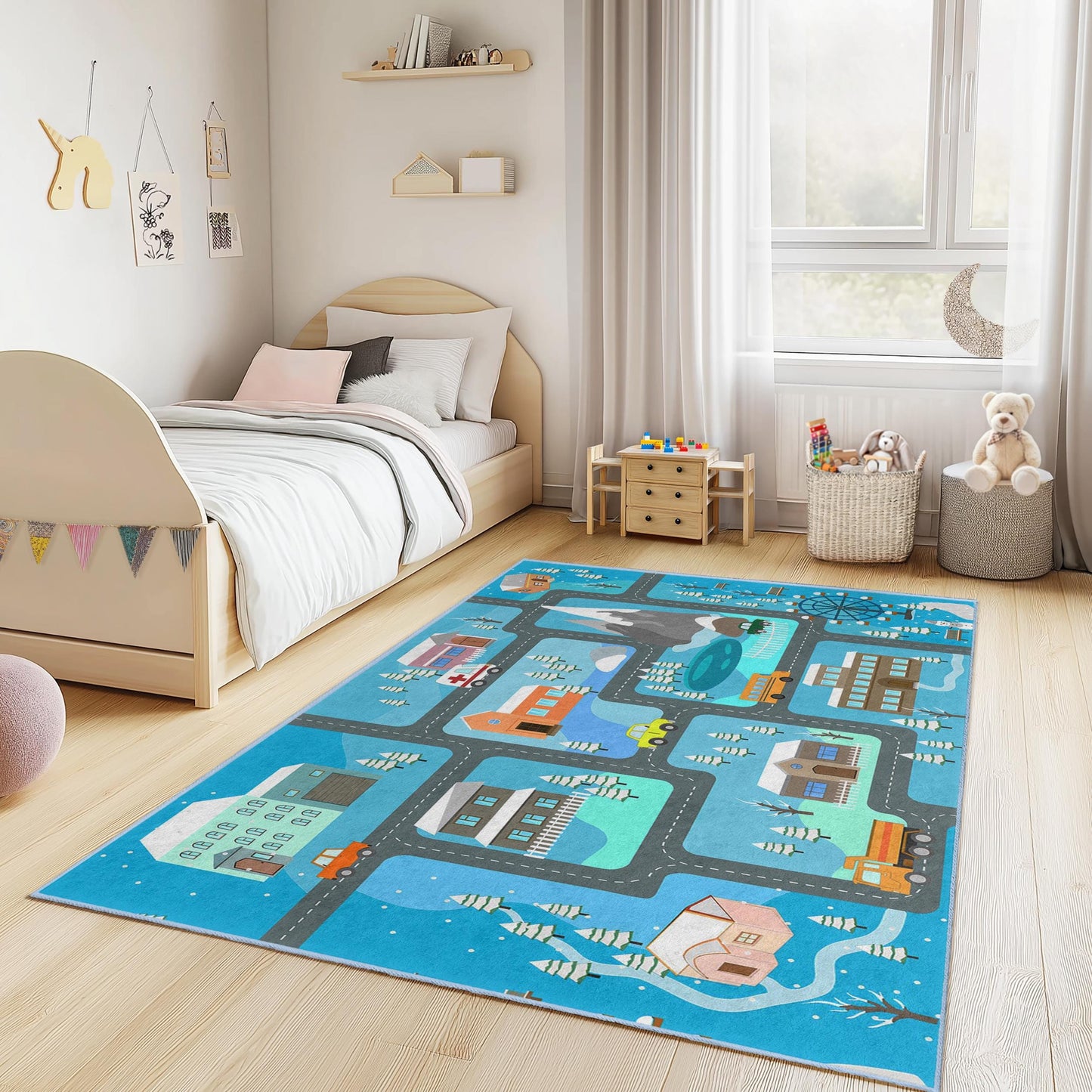 Winterwunderland-Spielteppich für Kinder, Schneeland-Straßenkarten-Teppich, rechteckige Spielmatte für Kinder, gemütliche Kinderzimmerdekoration, interaktiver Kinderteppich