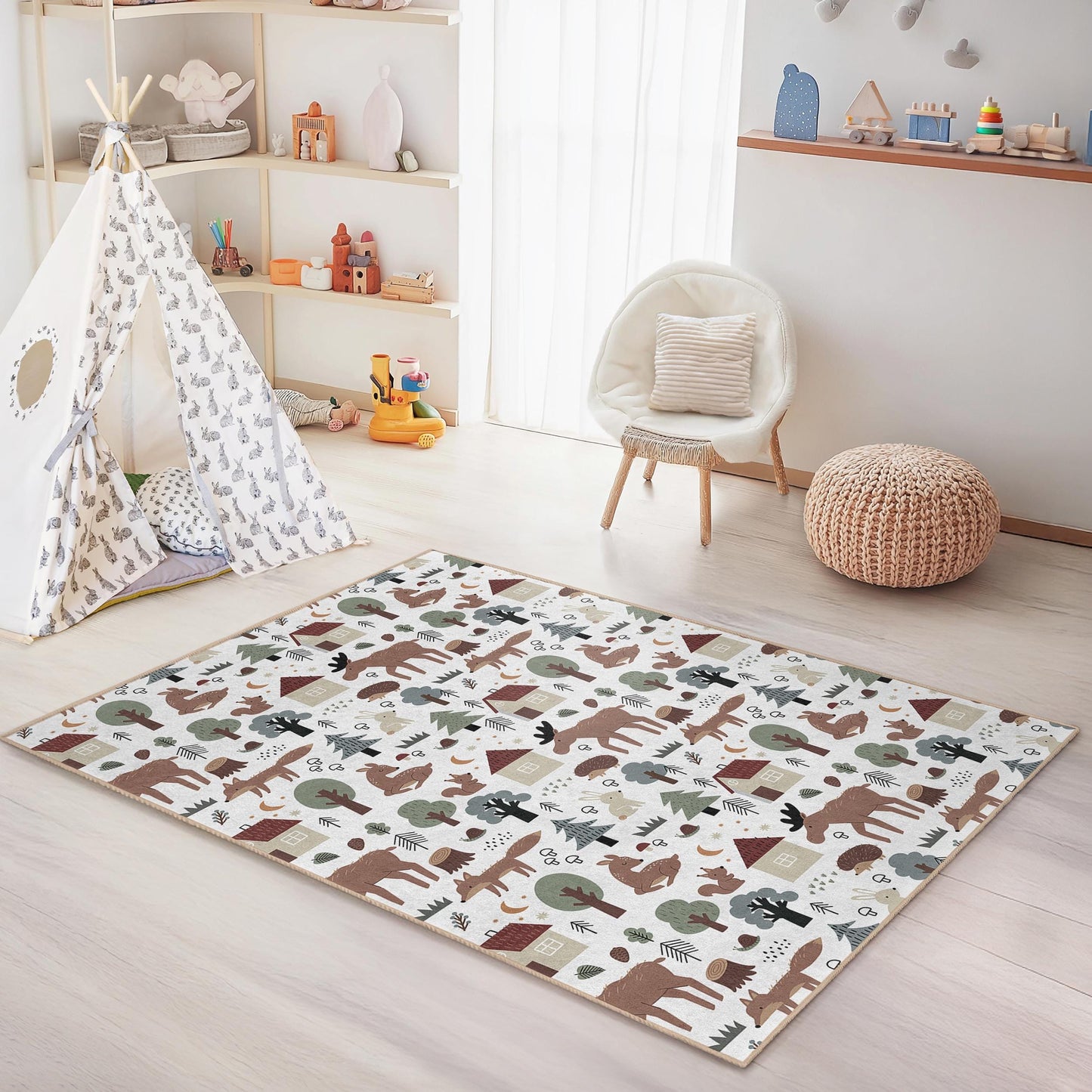 Verspielter Waldtier-Kinderteppich, rechteckiger Teppich mit Waldmotiv, Kinderzimmerdeko, niedliche Spielmatte mit Tiermotiven, Babyzimmerteppich