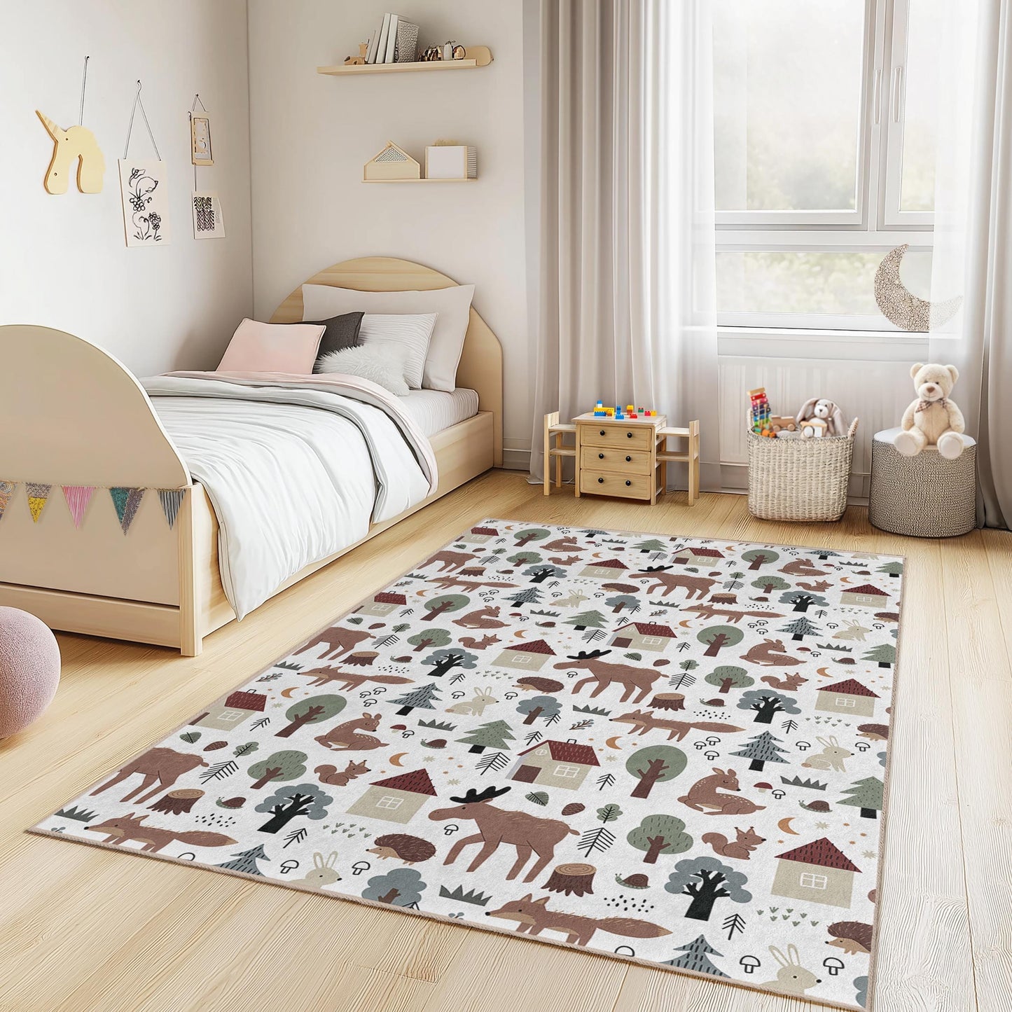 Verspielter Waldtier-Kinderteppich, rechteckiger Teppich mit Waldmotiv, Kinderzimmerdeko, niedliche Spielmatte mit Tiermotiven, Babyzimmerteppich
