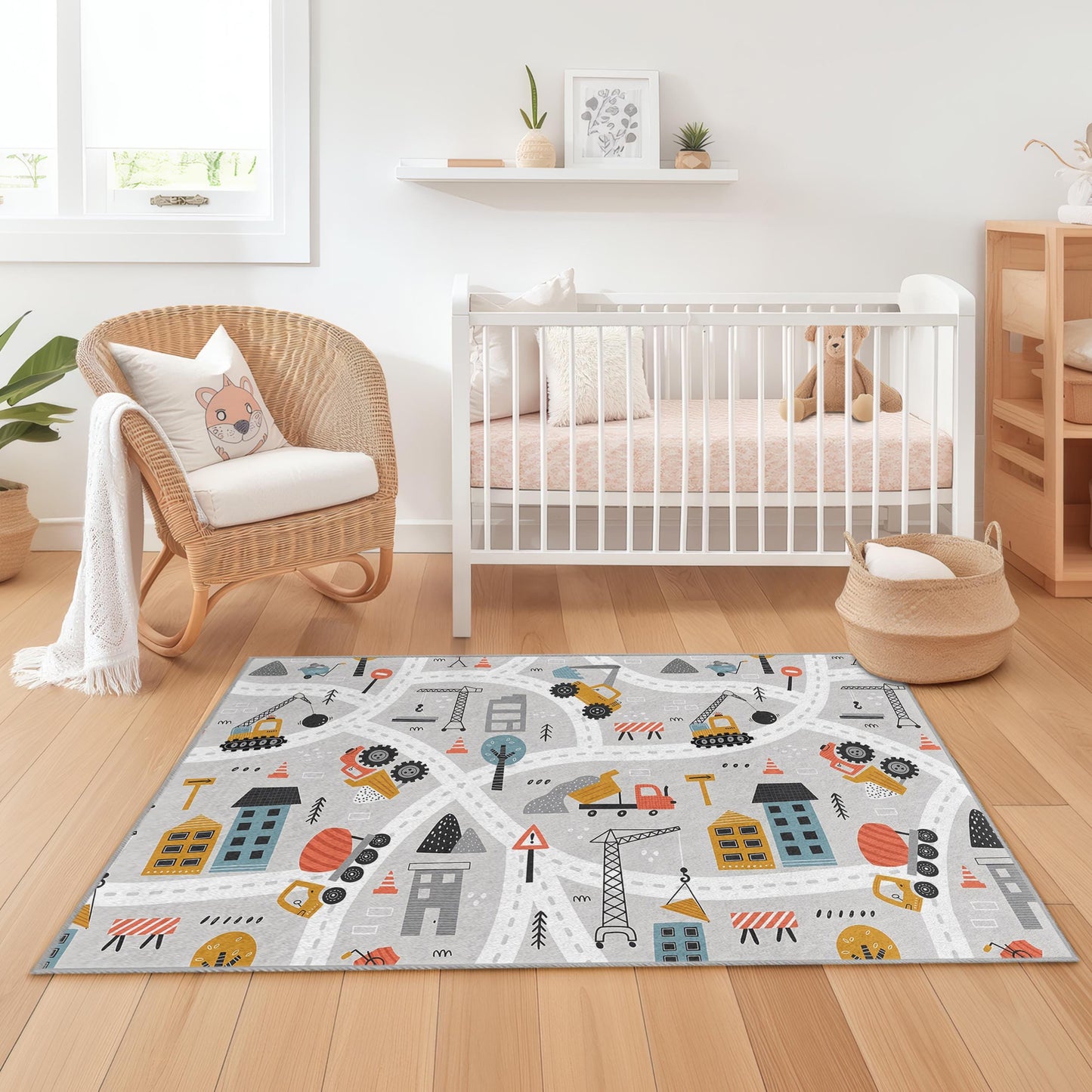 Baustellen-Spielteppich für Kinder, rechteckige Spielmatte, Baustellenteppich für Jungenzimmer, weiche Kinderzimmerdekoration, Spielzimmerteppich