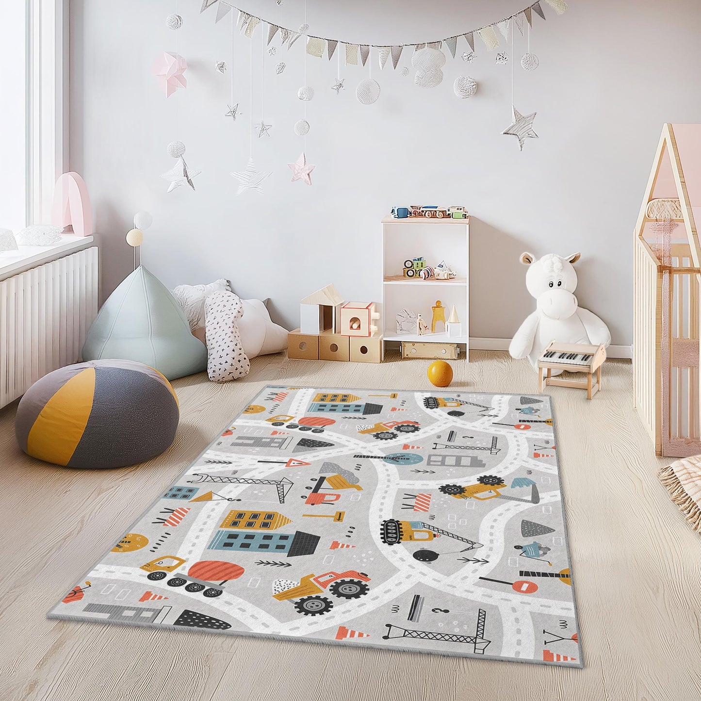 Baustellen-Spielteppich für Kinder, rechteckige Spielmatte, Baustellenteppich für Jungenzimmer, weiche Kinderzimmerdekoration, Spielzimmerteppich