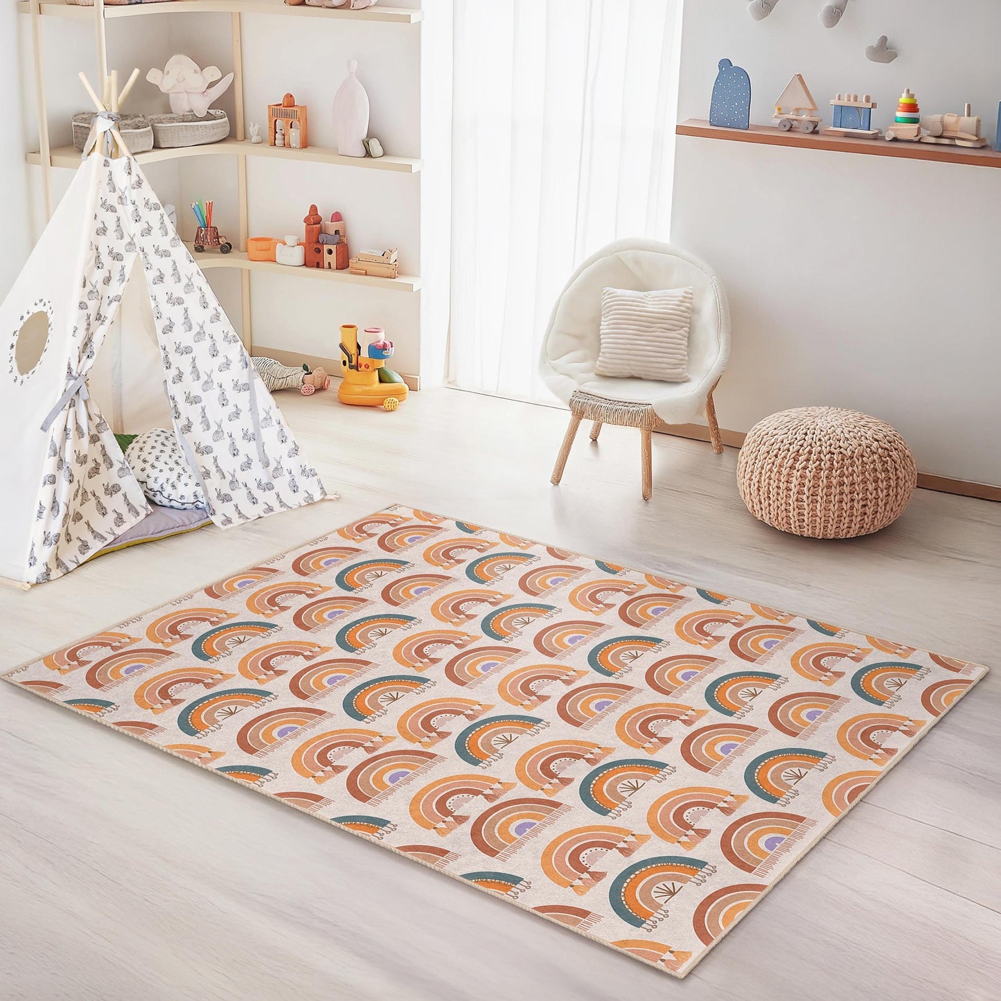 Rechteckiger Kinderteppich mit Regenbogenmuster, bunter Kinderzimmerteppich, Spielzimmerdekoration, weicher Kinderteppich, Teppich mit Regenbogenmotiv