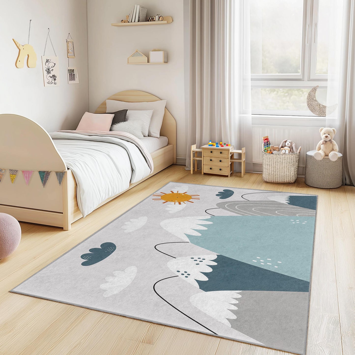 Kinderteppich „Bergabenteuer“, rechteckiger Teppich mit Naturmotiv, Spielzimmerdeko, Kinderzimmerteppich, Spielmatte