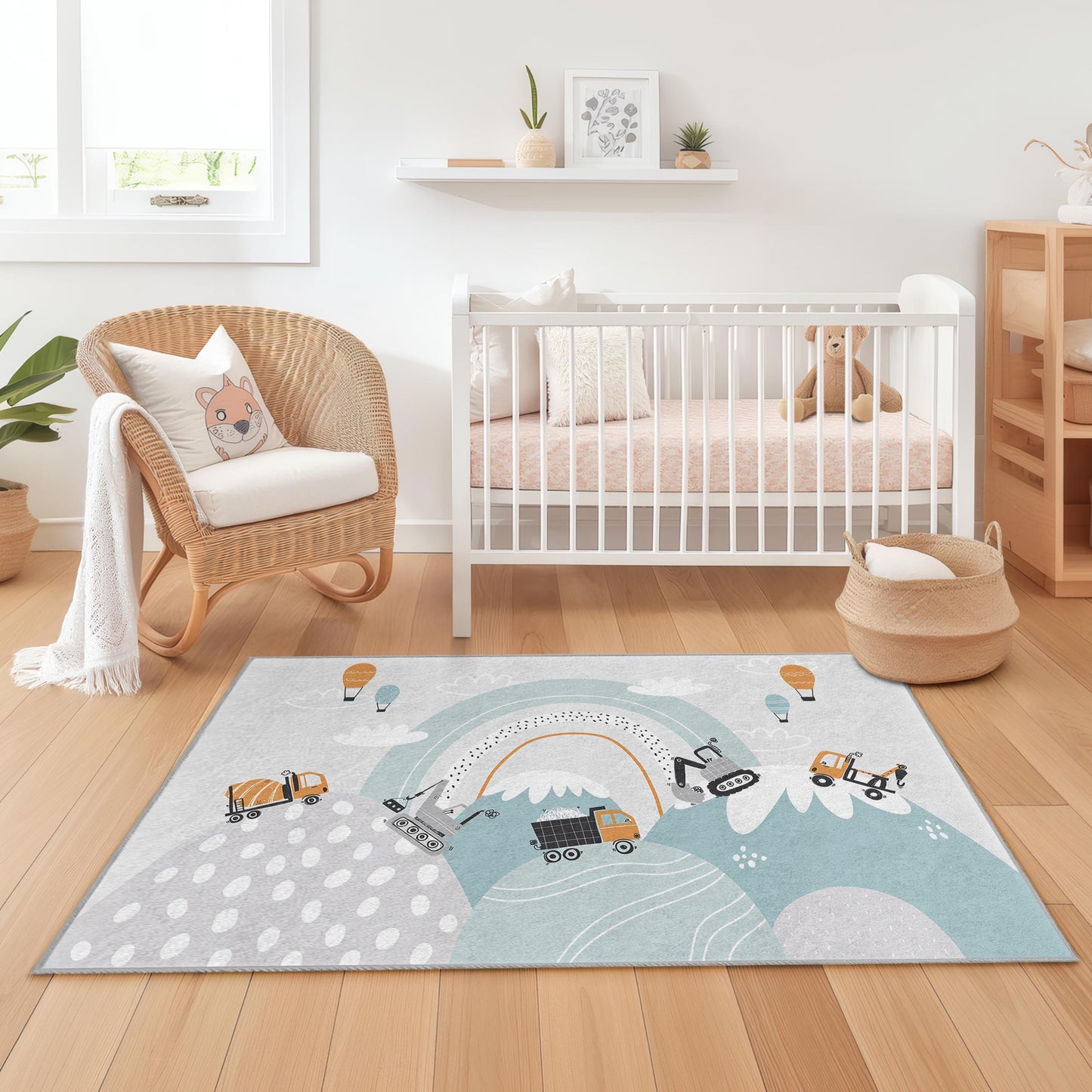 Baustellenfahrzeug-Kinderteppich, verspielter rechteckiger Teppich fürs Kinderzimmer, weiche Kinderzimmerdekoration, lustige Spielmatte für Jungen und Mädchen