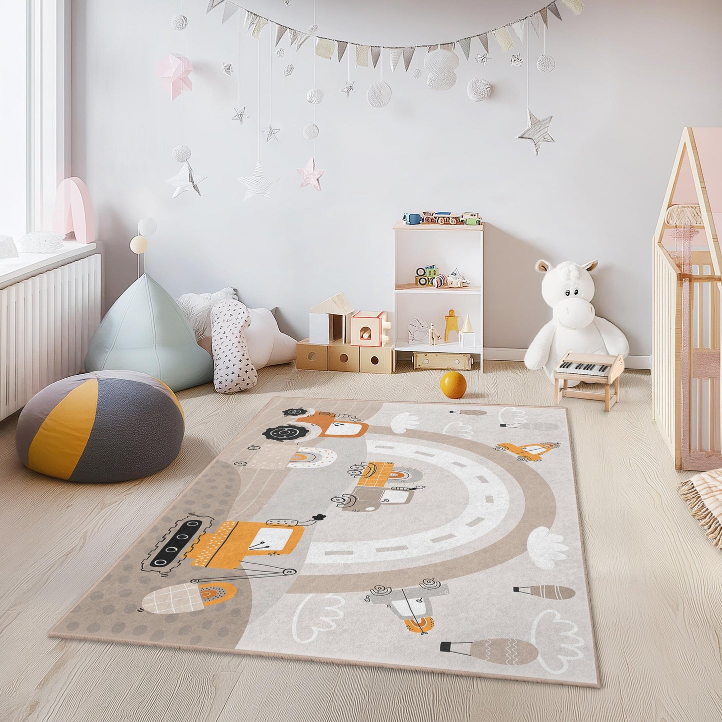 Baustellenfahrzeug-Kinderteppich, lustiger Spielzimmerteppich, rechteckiger Teppich fürs Kinderzimmer, Kinderzimmerdeko mit Fahrzeugmotiv