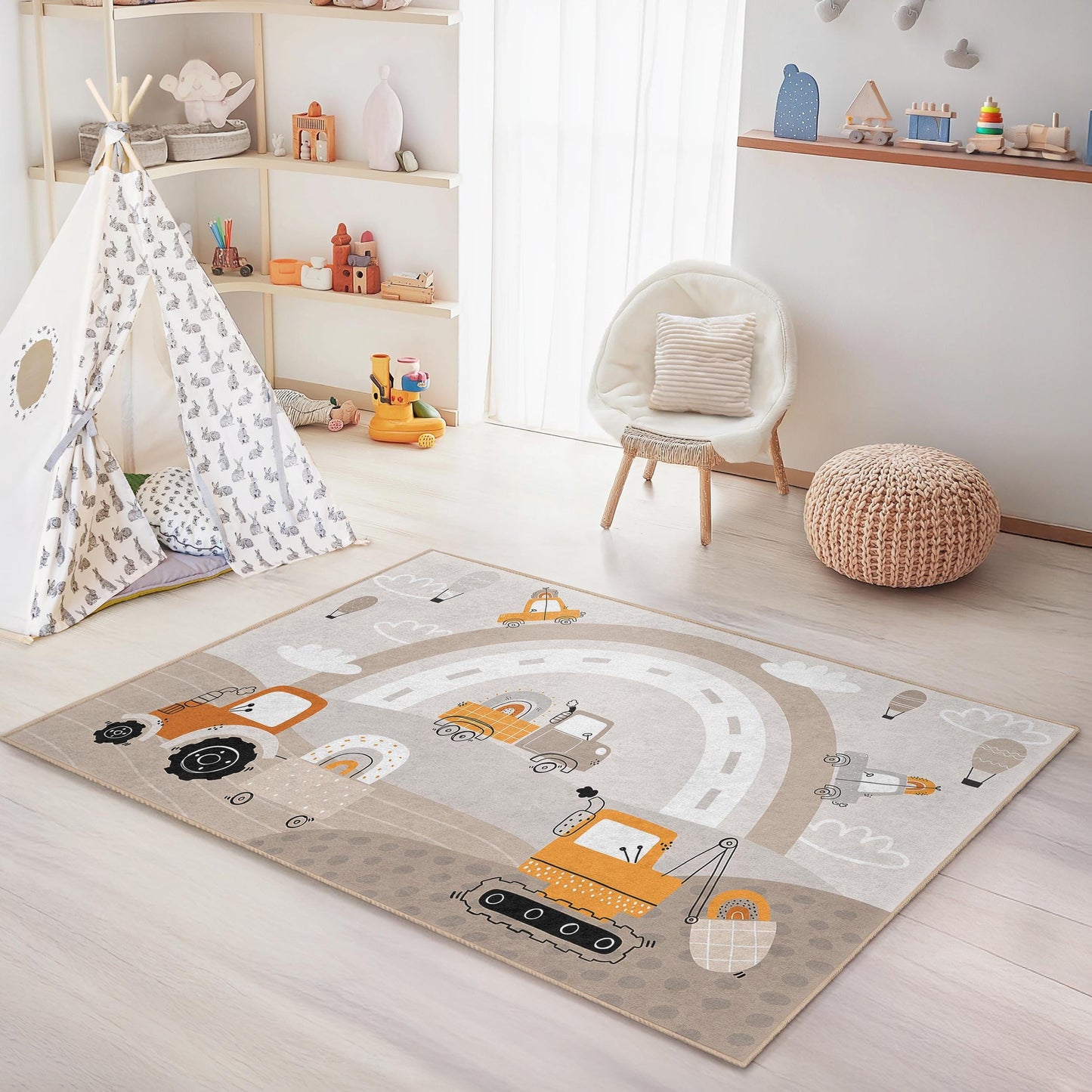 Baustellenfahrzeug-Kinderteppich, lustiger Spielzimmerteppich, rechteckiger Teppich fürs Kinderzimmer, Kinderzimmerdeko mit Fahrzeugmotiv