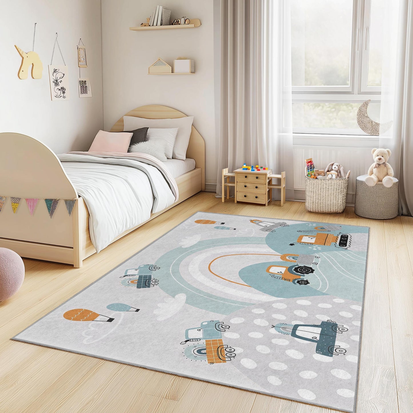 Baustellen-Spielteppich für Kinder, Bagger- und LKW-Design, rechteckiger Spielteppich, weicher Kinderzimmerteppich, Kinderzimmerdekoration