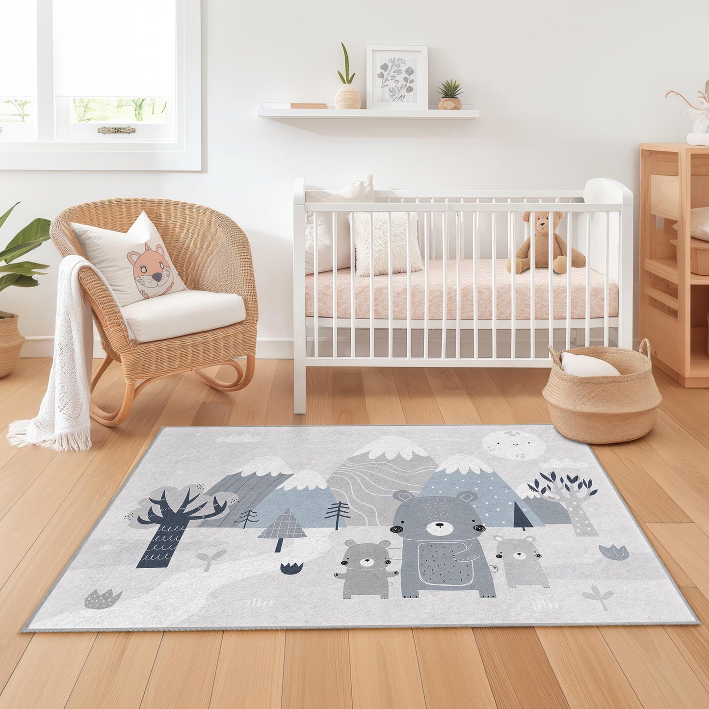 Rechteckiger Kinderteppich mit niedlicher Bärenfamilie, Tiermotiv-Kinderzimmerteppich, gemütlicher Spielzimmerteppich, graue Kinderzimmerdekoration, weiche Bärenmatte