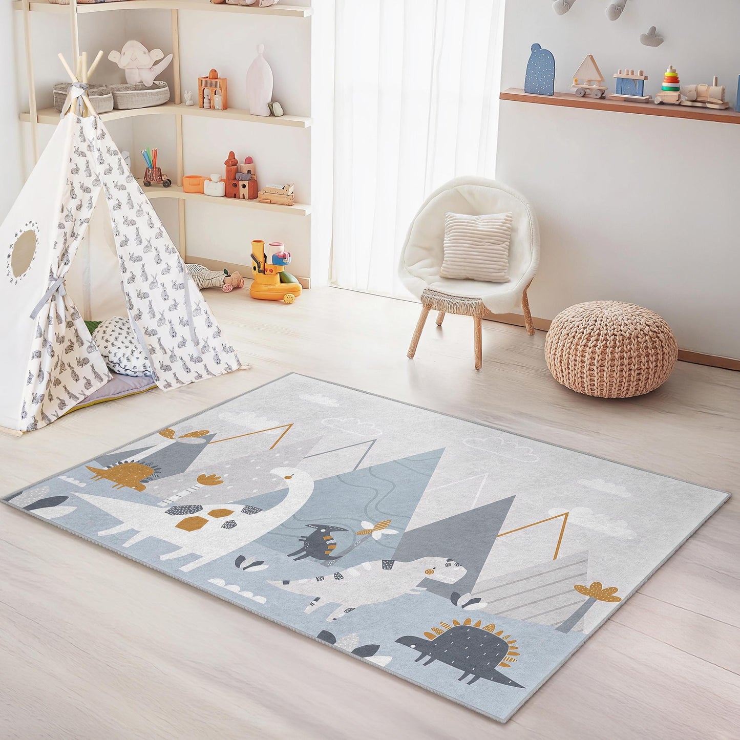 Dinosaurier-Abenteuer-Kinderteppich, niedlicher rechteckiger Teppich mit Dinosauriermotiv fürs Kinderzimmer, weicher Spielzimmerteppich, Kinderzimmerdekoration