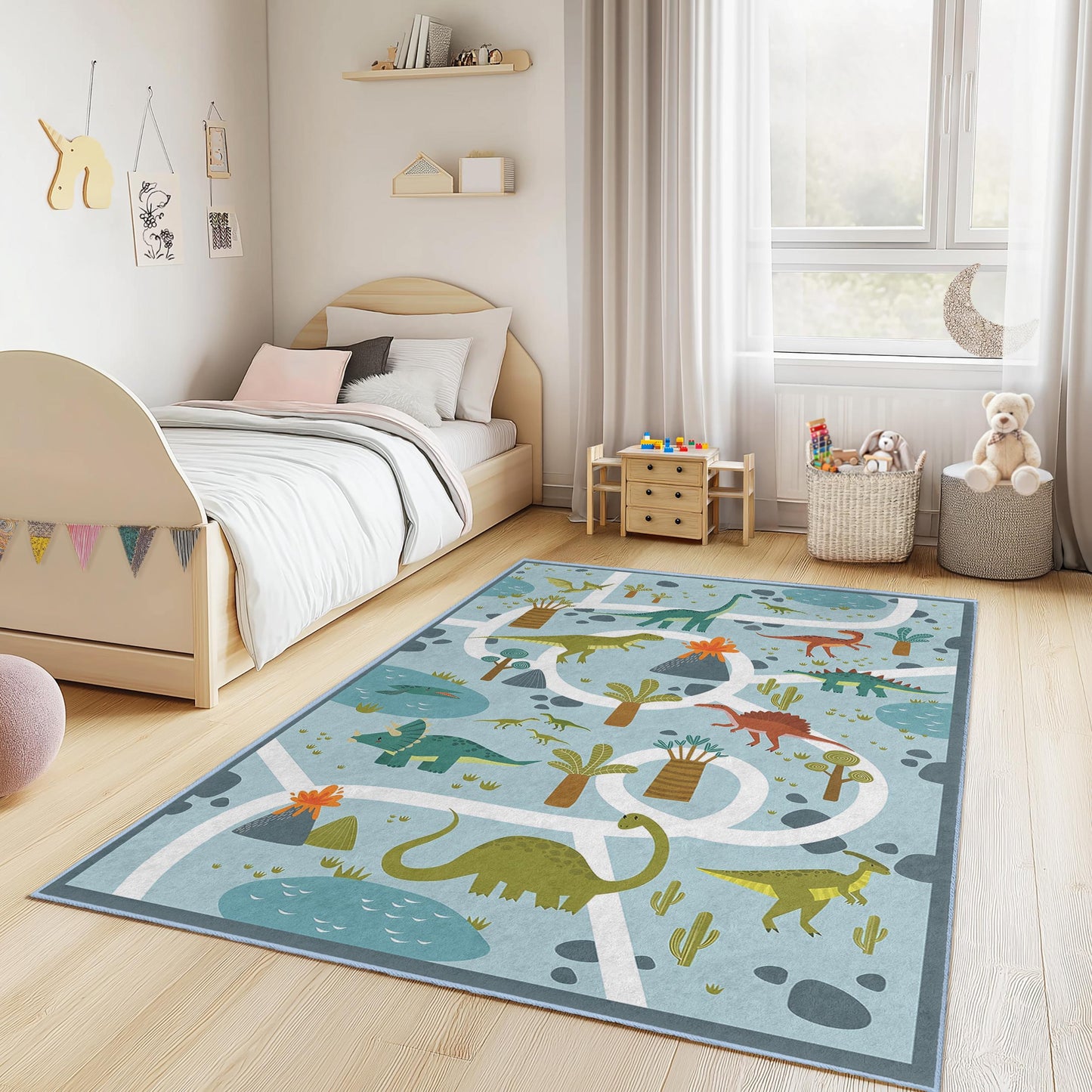 Dinosaurier-Abenteuer-Kinderteppich, rechteckiger Spielzimmerteppich, interaktiver Dinosaurier-Kartenteppich fürs Kinderzimmer, weiche Kinderzimmerdekoration