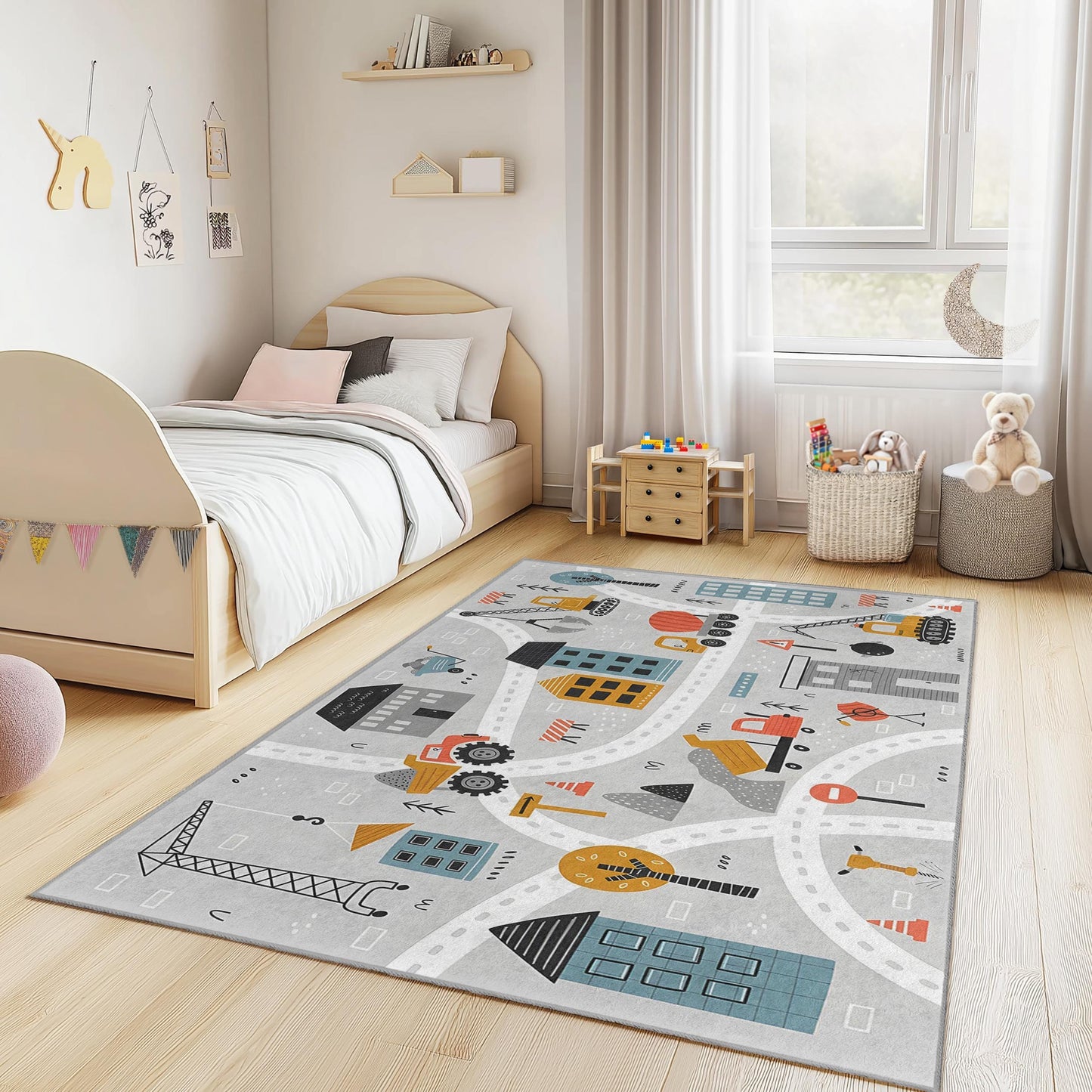 Rechteckiger Kinderteppich mit Baustellenmotiv, bunter Teppich mit Baustellenfahrzeugen, Spielzimmerdeko, Kinderzimmerteppich