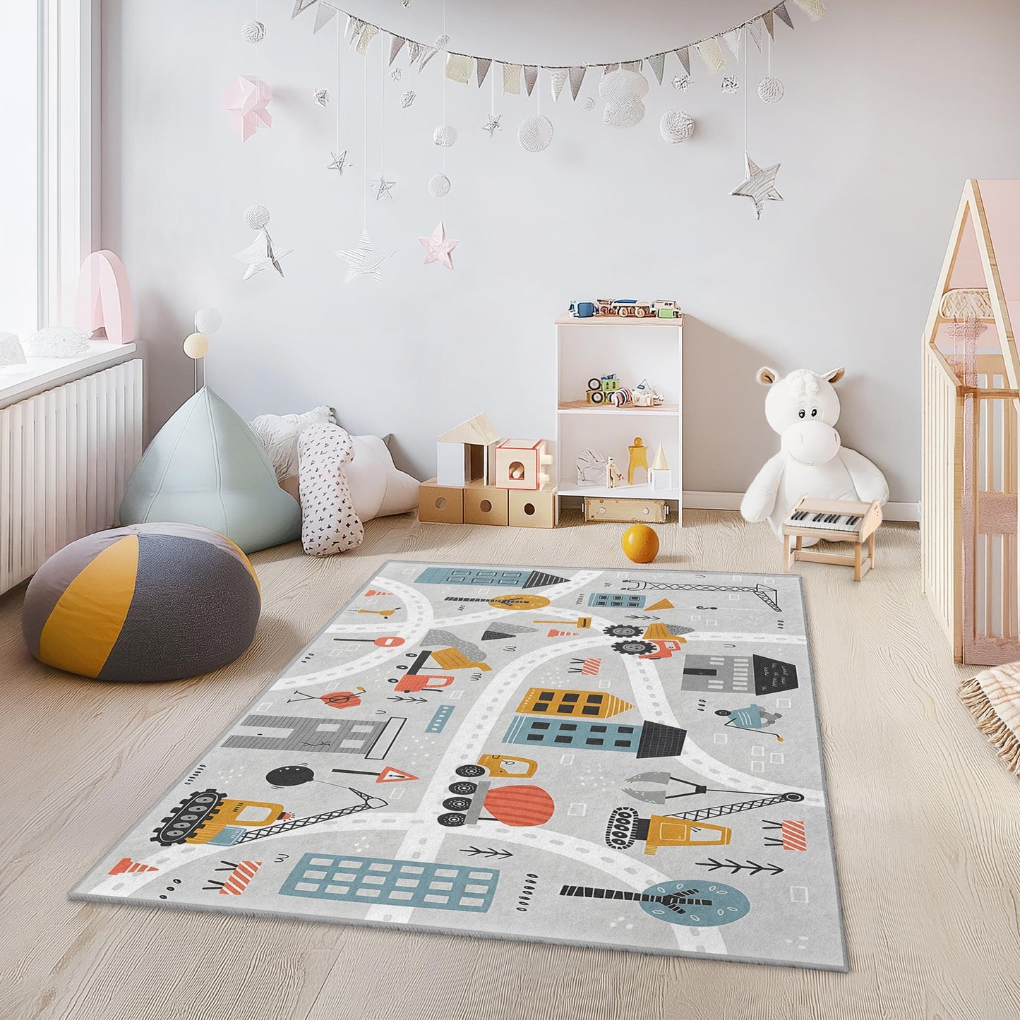 Rechteckiger Kinderteppich mit Baustellenmotiv, bunter Teppich mit Baustellenfahrzeugen, Spielzimmerdeko, Kinderzimmerteppich