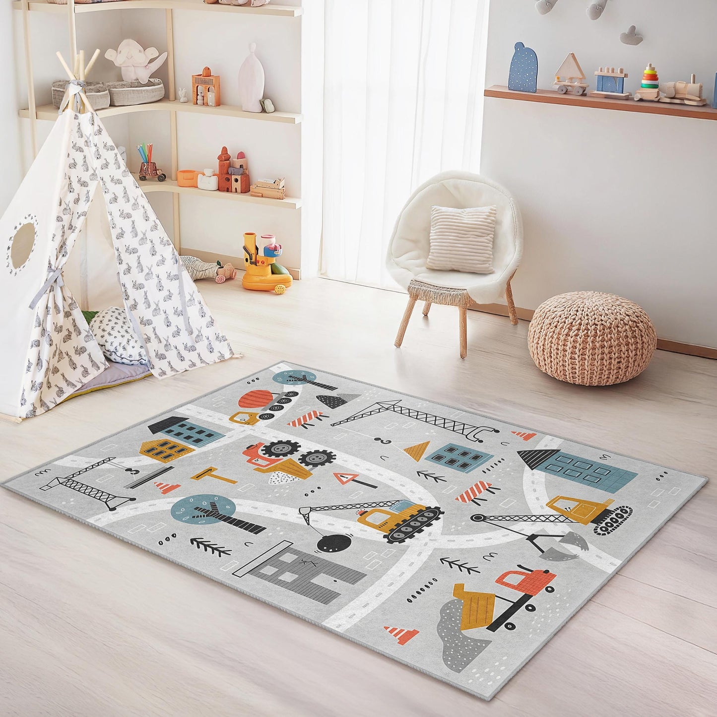 Baustellen-Spielteppich für Kinder, rechteckige Spielmatte, weicher Teppich fürs Kinderzimmer, lustiges Baustellenmotiv, Kinderzimmerdekoration