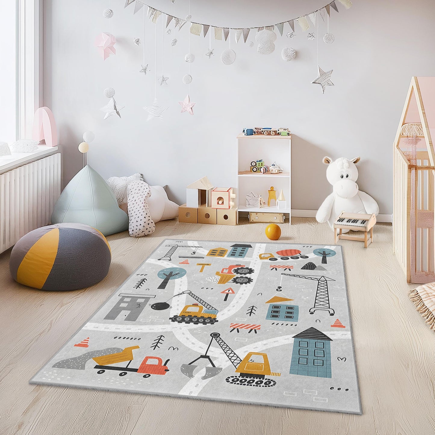 Baustellen-Spielteppich für Kinder, rechteckige Spielmatte, weicher Teppich fürs Kinderzimmer, lustiges Baustellenmotiv, Kinderzimmerdekoration