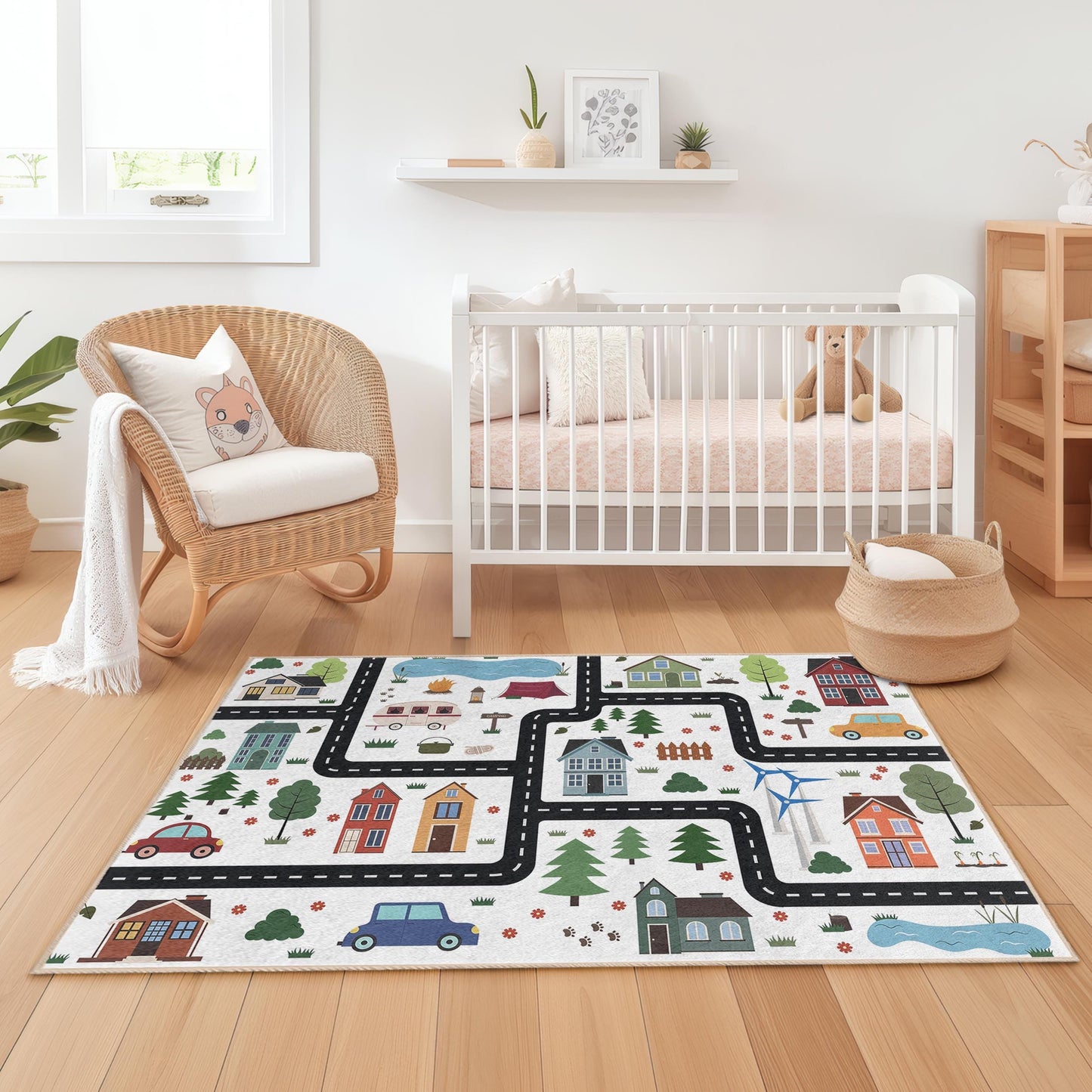 Bunter Kinderteppich mit Straßenkartenmotiv, rechteckiger Spielzimmerteppich, lustiger Kinderteppich, Kinderzimmerdekoration, interaktive Spielmatte