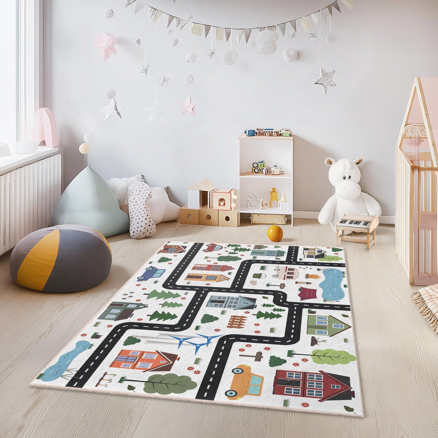 Bunter Kinderteppich mit Straßenkartenmotiv, rechteckiger Spielzimmerteppich, lustiger Kinderteppich, Kinderzimmerdekoration, interaktive Spielmatte