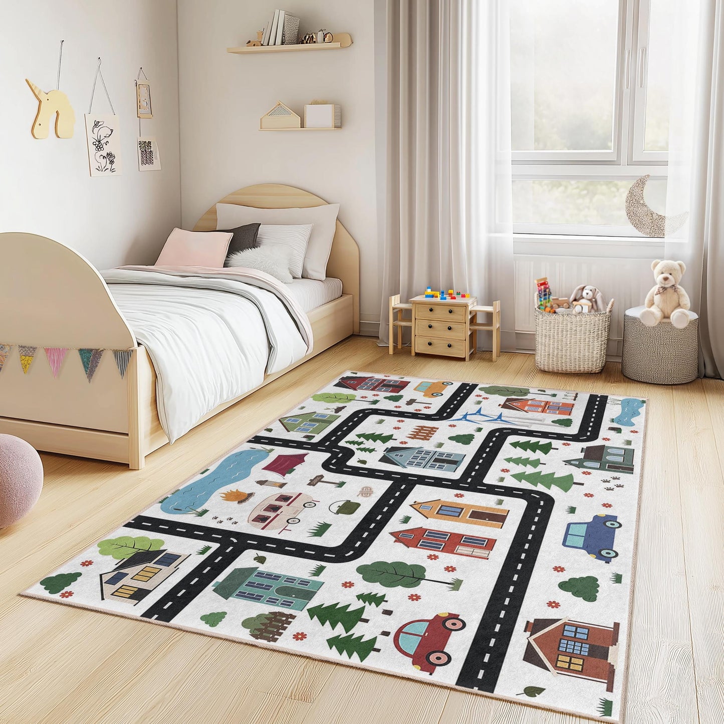Bunter Kinderteppich mit Straßenkartenmotiv, rechteckiger Spielzimmerteppich, lustiger Kinderteppich, Kinderzimmerdekoration, interaktive Spielmatte