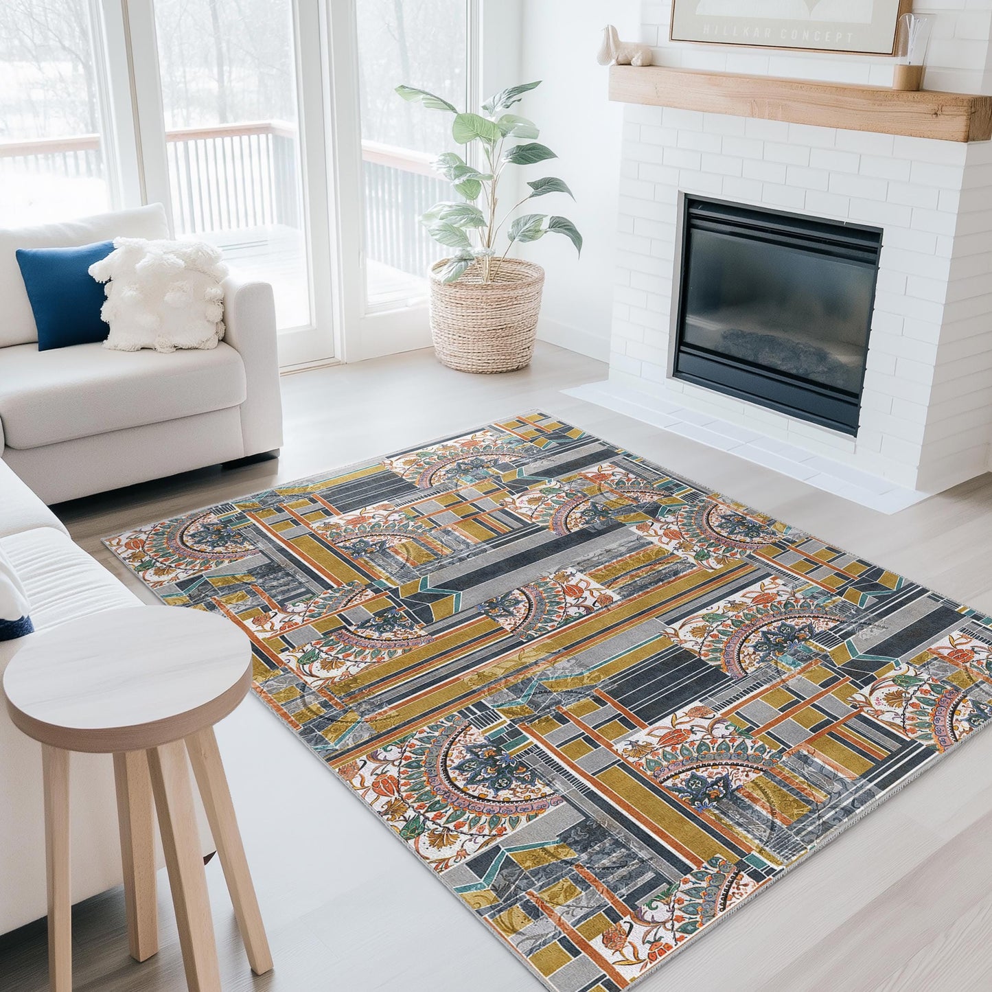 Rechteckiger Teppich mit geometrischem Blumenmuster, moderner abstrakter Teppich, Wohnzimmerdekoration, stilvolle Fußmatte, Teppich im zeitgenössischen Design