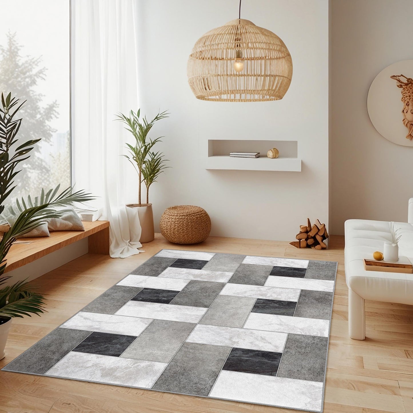 Rechteckiger Teppich mit geometrischem Muster, moderner Wohnzimmerteppich, weicher Indoor-Teppich, zeitgemäße Wohndekoration, stilvolle Fußmatte