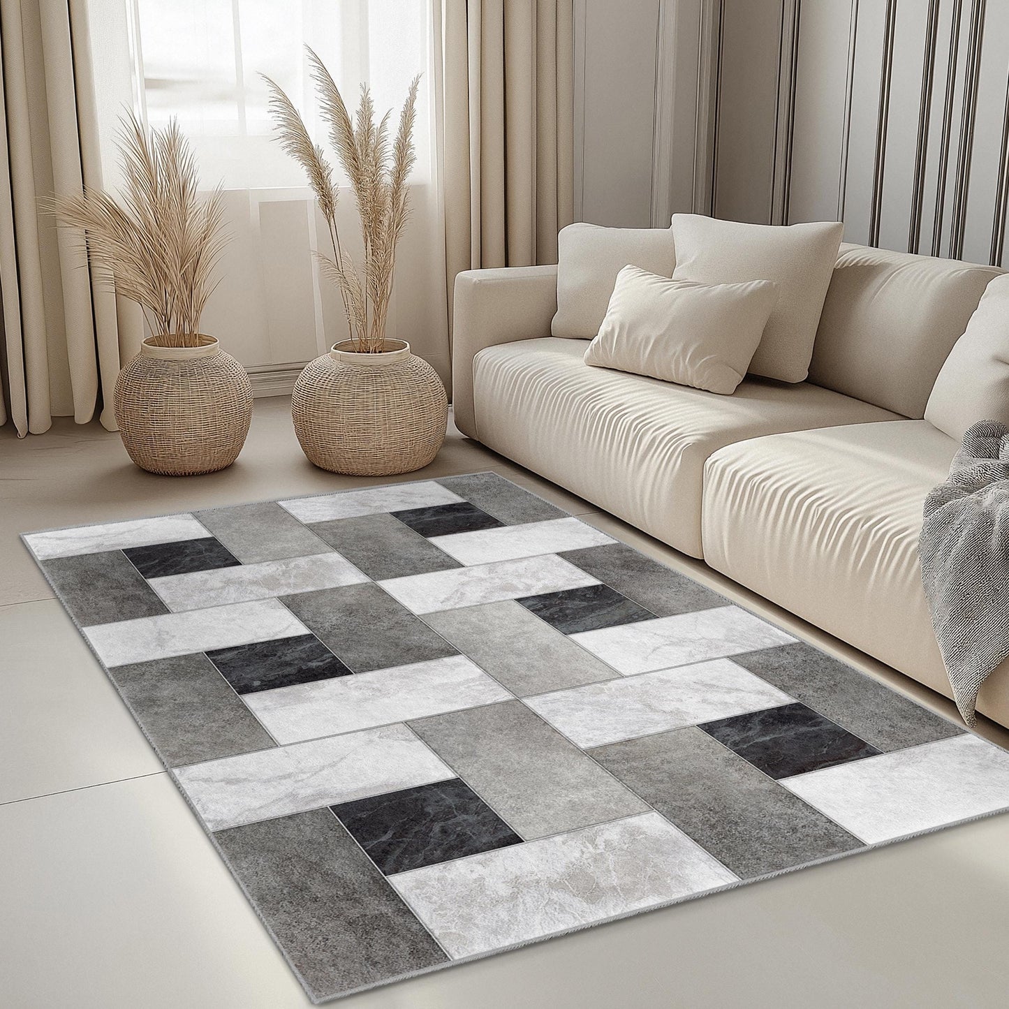 Rechteckiger Teppich mit geometrischem Muster, moderner Wohnzimmerteppich, weicher Indoor-Teppich, zeitgemäße Wohndekoration, stilvolle Fußmatte
