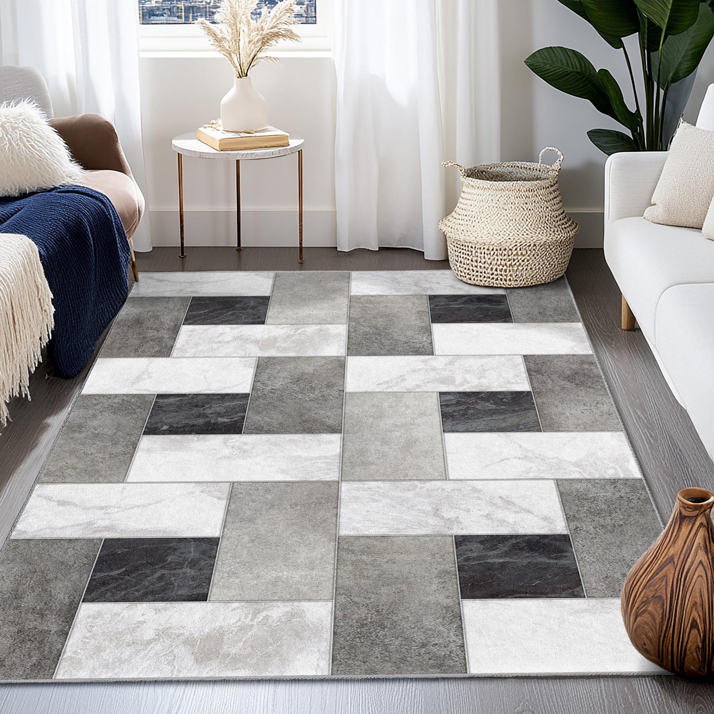 Rechteckiger Teppich mit geometrischem Muster, moderner Wohnzimmerteppich, weicher Indoor-Teppich, zeitgemäße Wohndekoration, stilvolle Fußmatte
