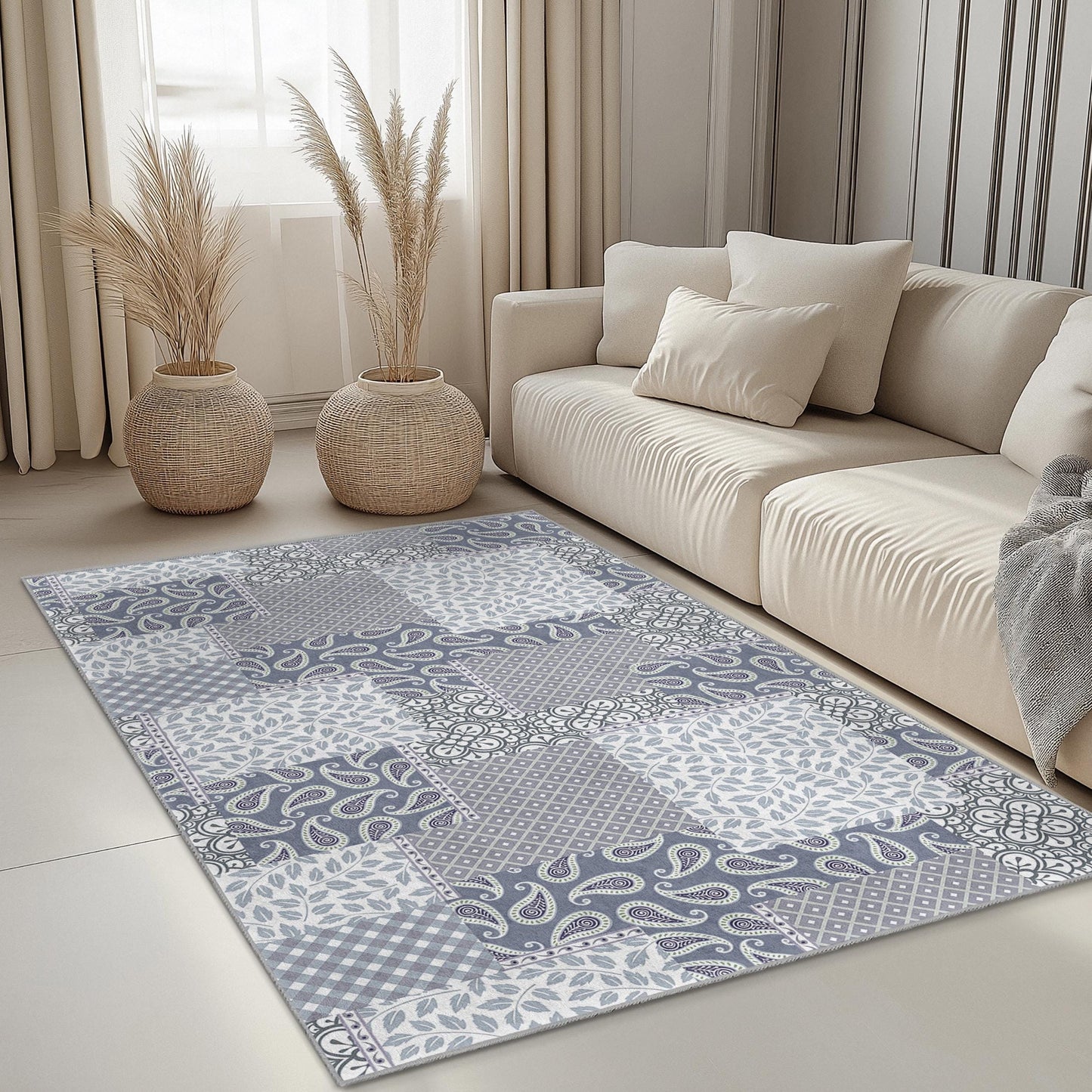 Eleganter rechteckiger Teppich im Patchwork-Design, moderner Wohnzimmerteppich, stilvolle Wohndekoration, weiche Fußmatte für die Familie