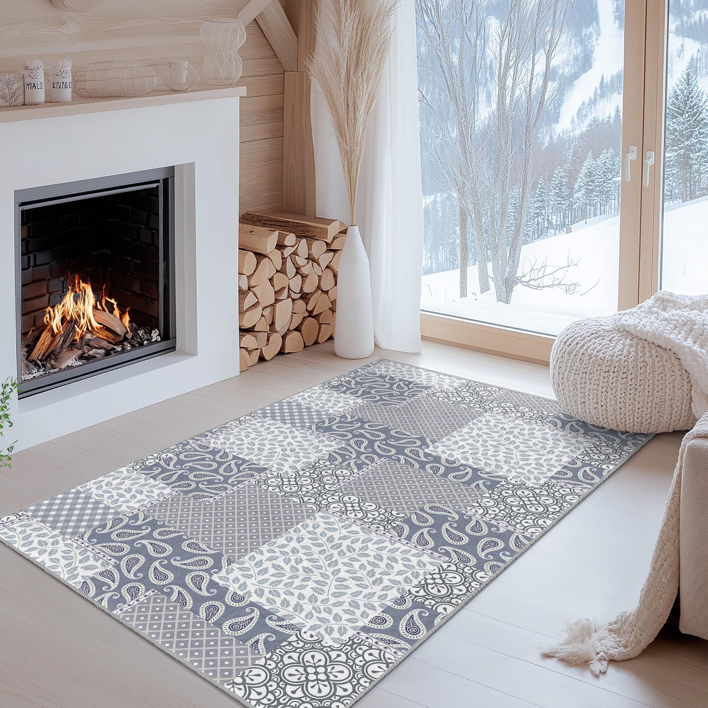 Eleganter rechteckiger Teppich im Patchwork-Design, moderner Wohnzimmerteppich, stilvolle Wohndekoration, weiche Fußmatte für die Familie