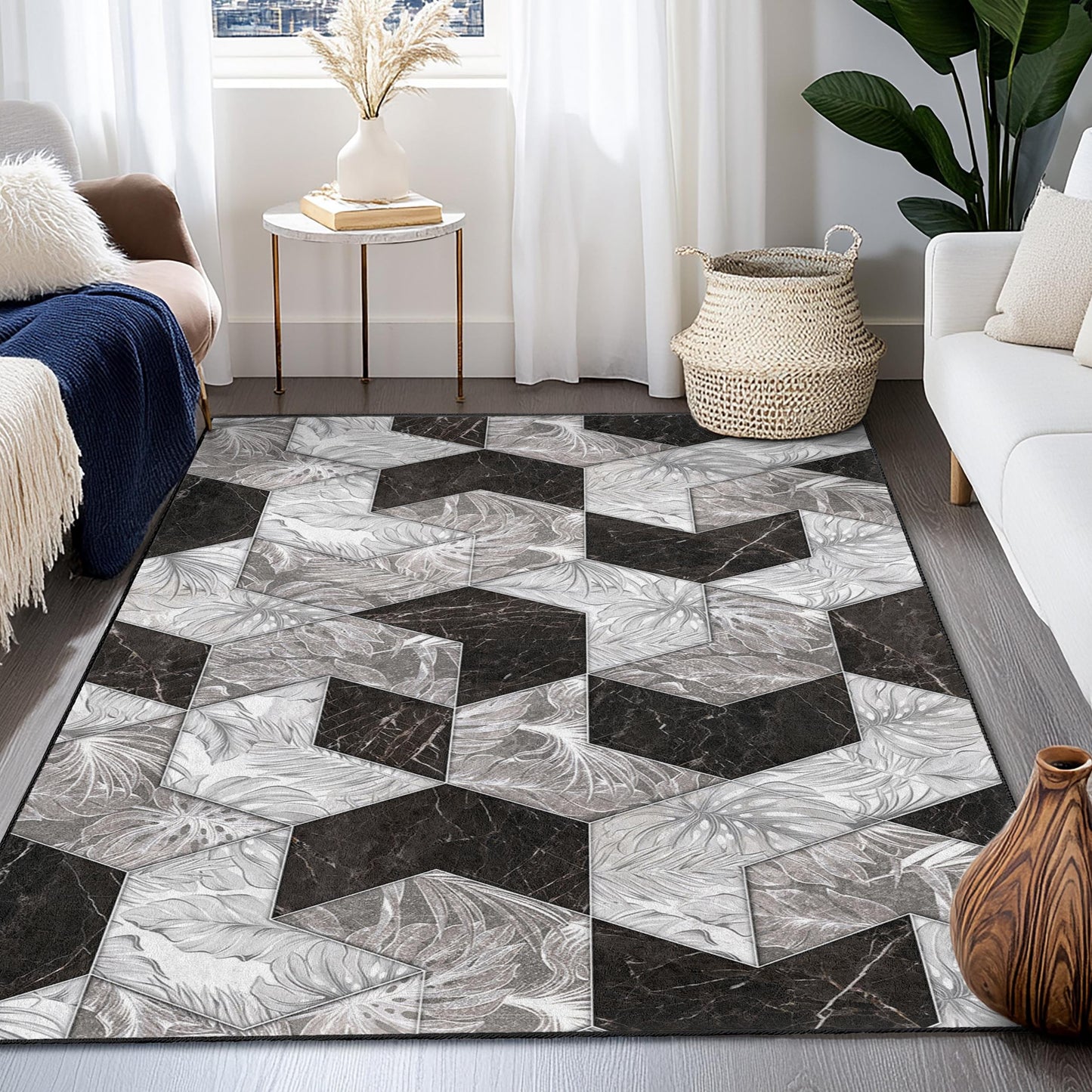 Geometrischer rechteckiger Teppich in Schwarz-Weiß, modernes Muster für das Wohnzimmer, stilvolle Wohndekoration, eleganter Bodenbelag