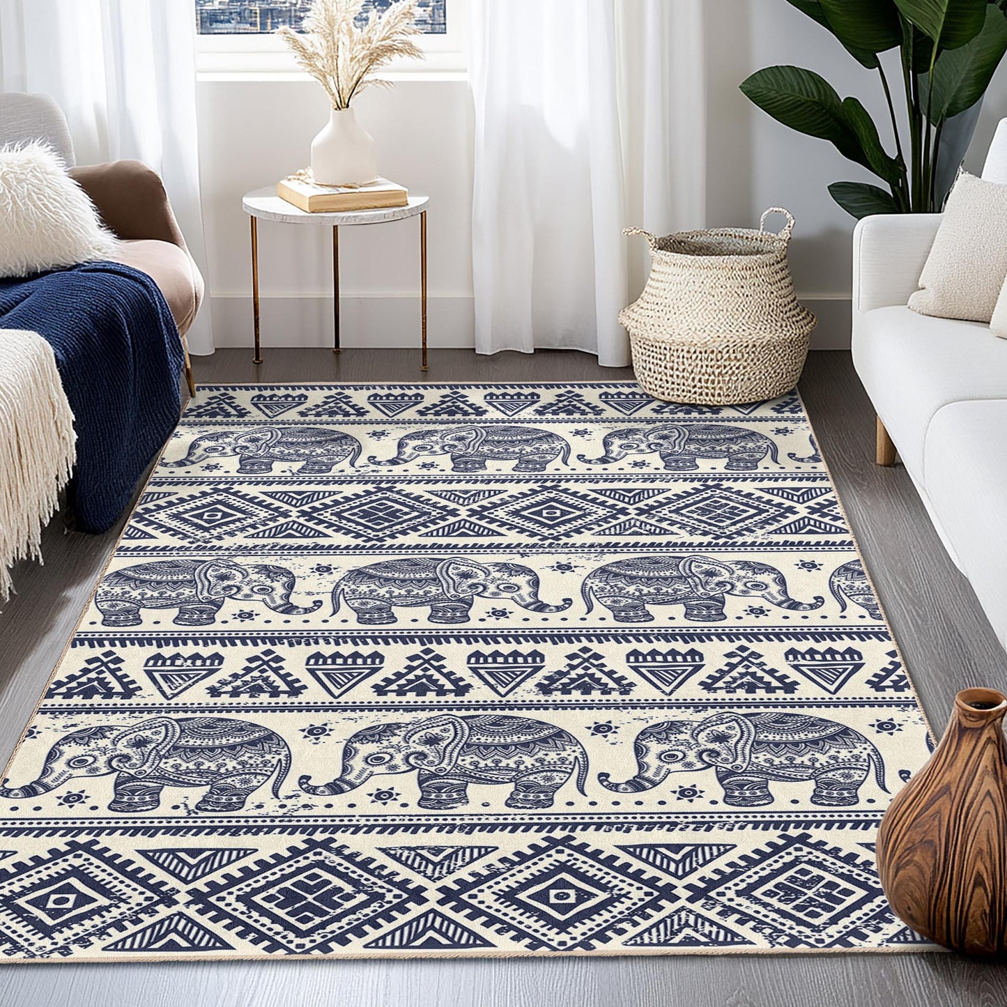 Rechteckiger Teppich mit marineblauem Elefantenmuster, Boho-Chic-Wohnzimmerteppich, stilvoller Teppich mit Elefantenmotiv, einzigartige Wohndekoration