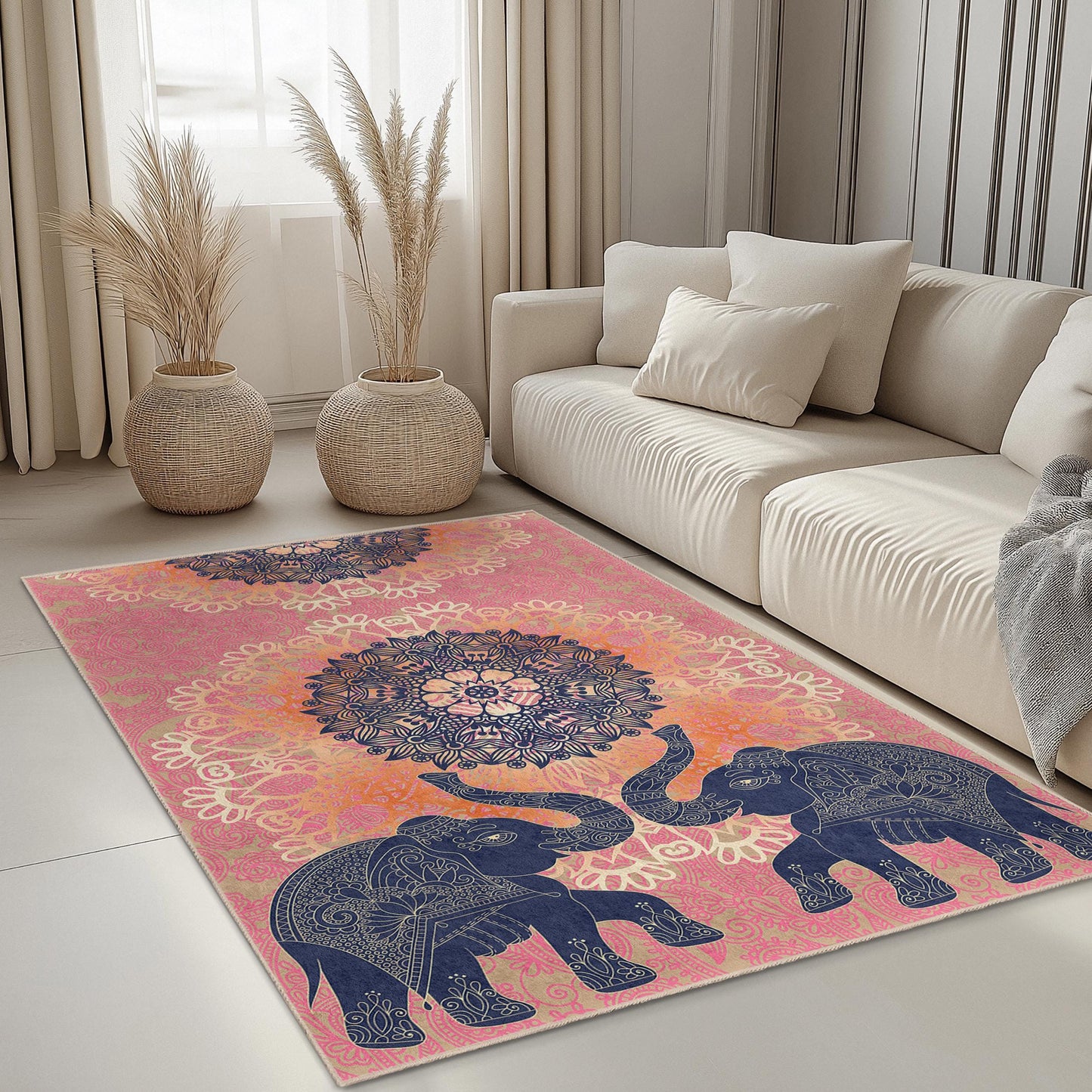 Rechteckiger Teppich mit Mandala-Elefantenmuster, Wohnzimmerteppich im Bohème-Stil, Teppich im Ethno-Design, weiche Bodenmatte