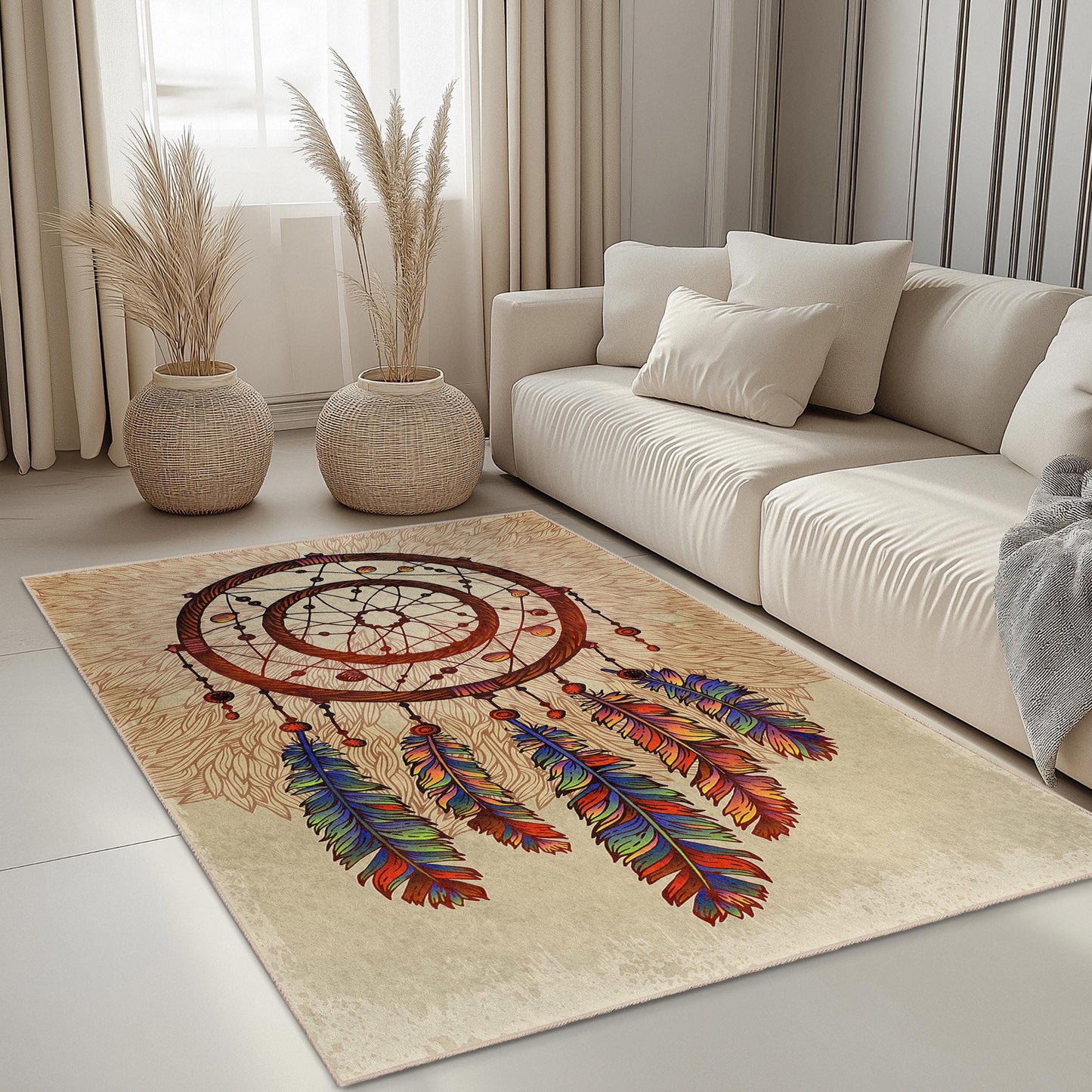 Rechteckiger Traumfänger-Teppich im Boho-Stil, farbenfroher Traumfänger-Teppich, Wohnzimmerdekoration, Teppich im Boho-Stil, Teppich mit ethnischem Muster
