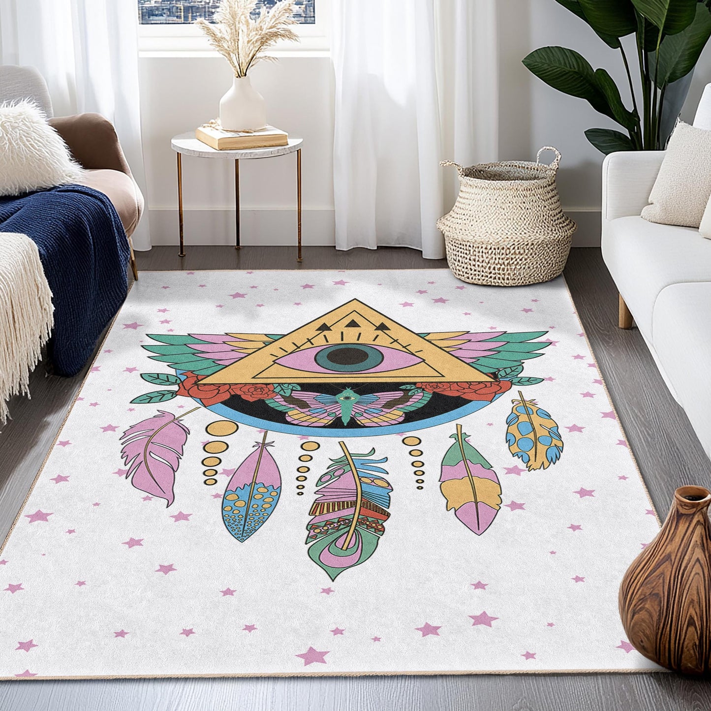 Rechteckiger Teppich mit mystischem Augen- und Federmuster, Boho-Stil, Künstlerischer Teppich, Wohnzimmerteppich, Einzigartige Fußmatte