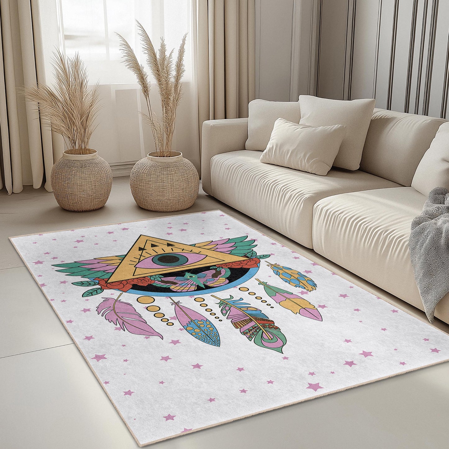 Rechteckiger Teppich mit mystischem Augen- und Federmuster, Boho-Stil, Künstlerischer Teppich, Wohnzimmerteppich, Einzigartige Fußmatte
