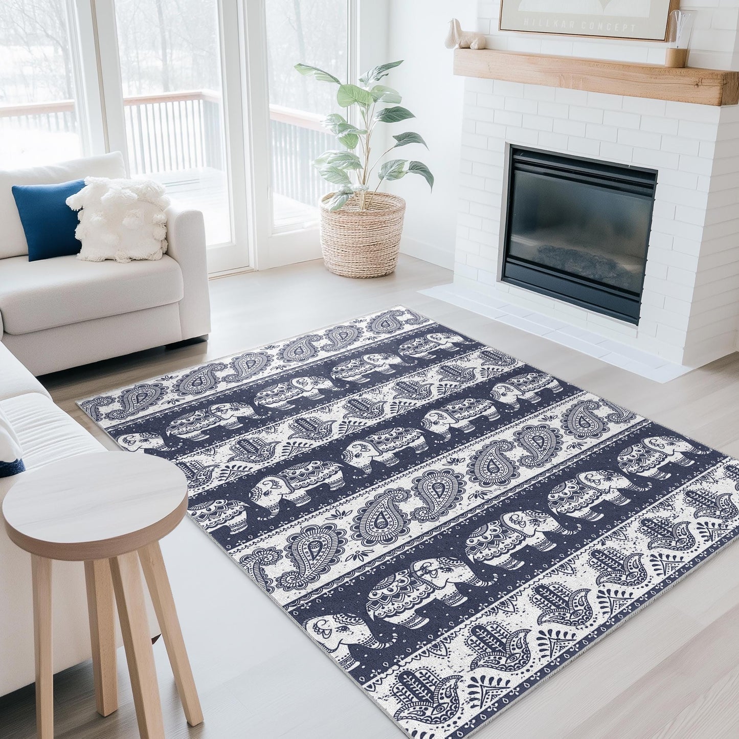 Rechteckiger Teppich mit marineblauem Elefantenmuster, dekorativer Elefantenteppich für das Wohnzimmer, Boho-Stil, stilvoller Teppich
