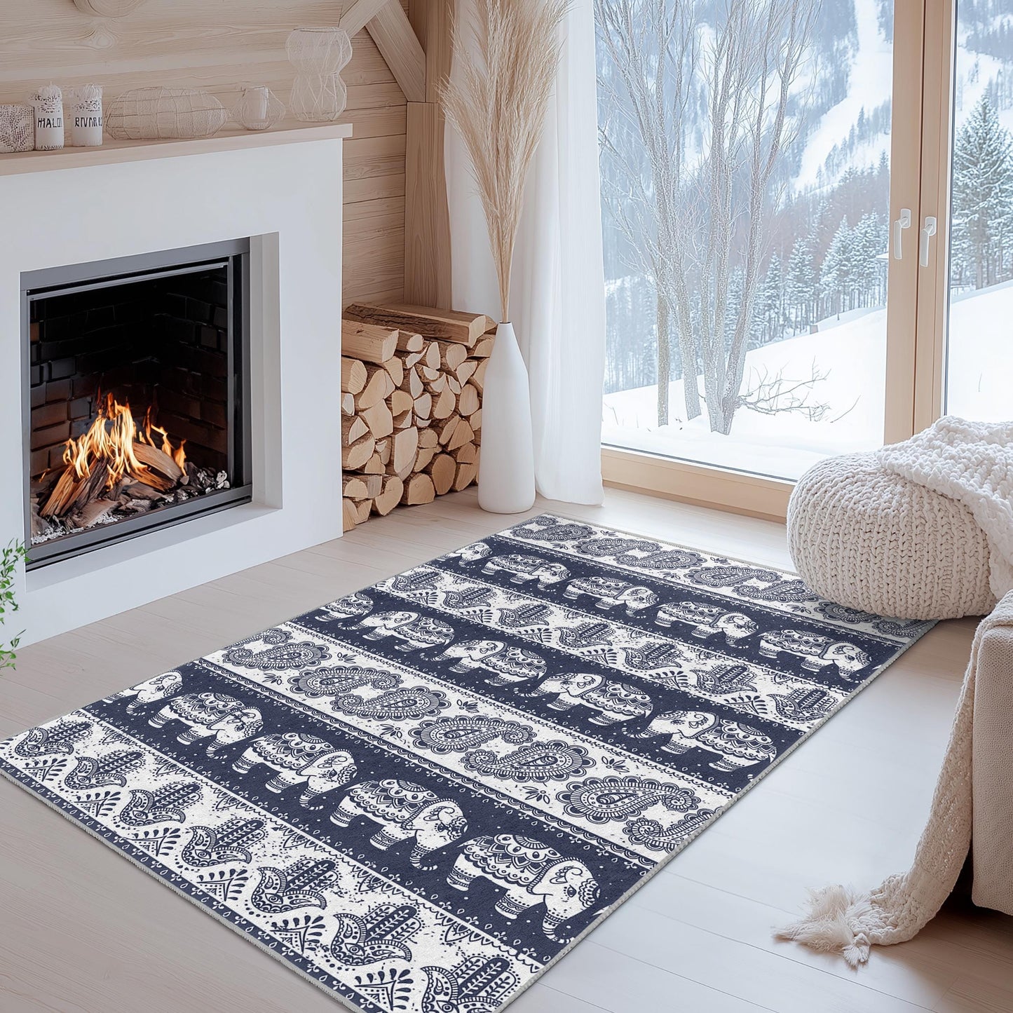 Rechteckiger Teppich mit marineblauem Elefantenmuster, dekorativer Elefantenteppich für das Wohnzimmer, Boho-Stil, stilvoller Teppich