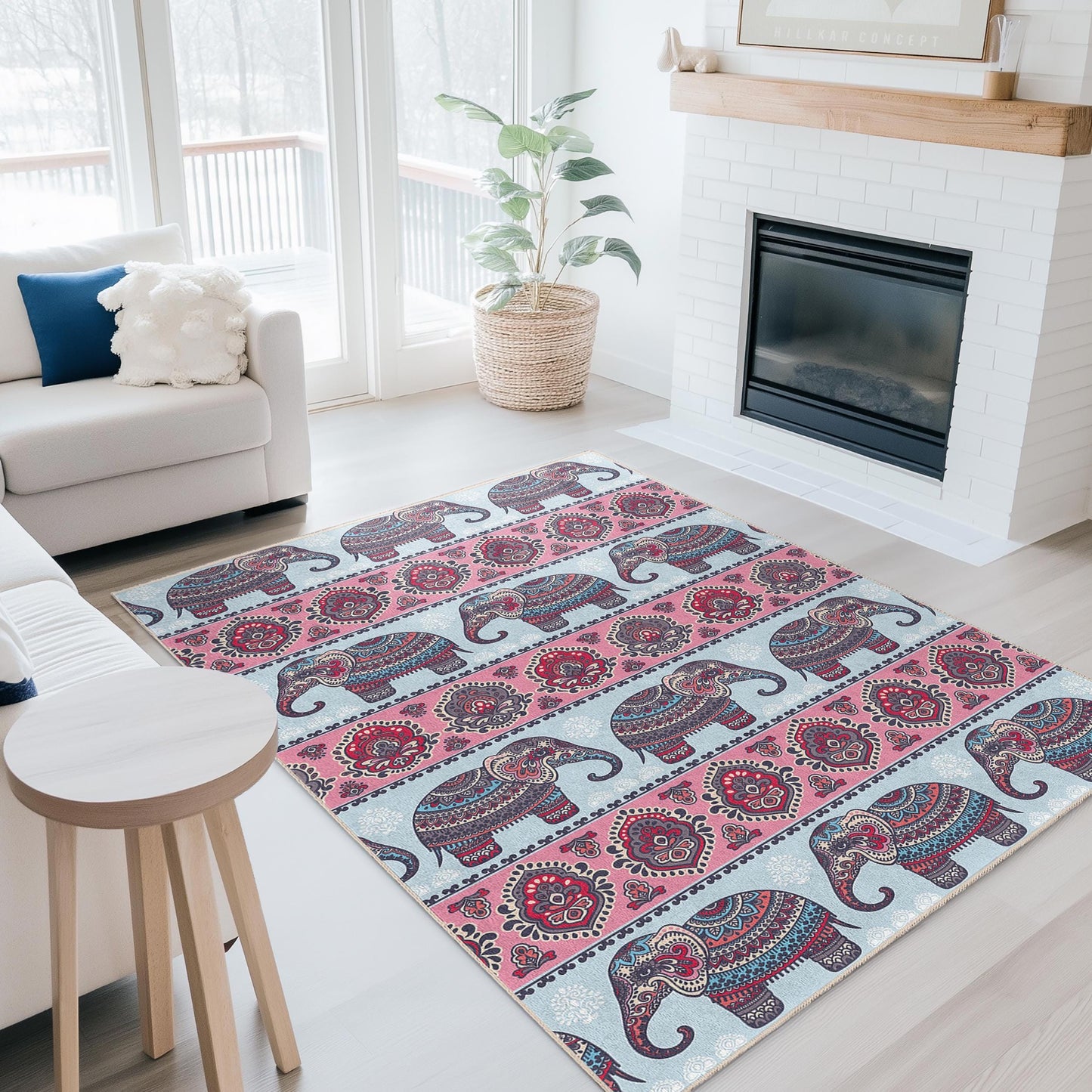 Rechteckiger Teppich mit Elefantenmuster, Boho-Chic-Dekoteppich, Wohnzimmerteppich, rosa-blaues Elefantenmotiv, einzigartige Wohnaccessoires
