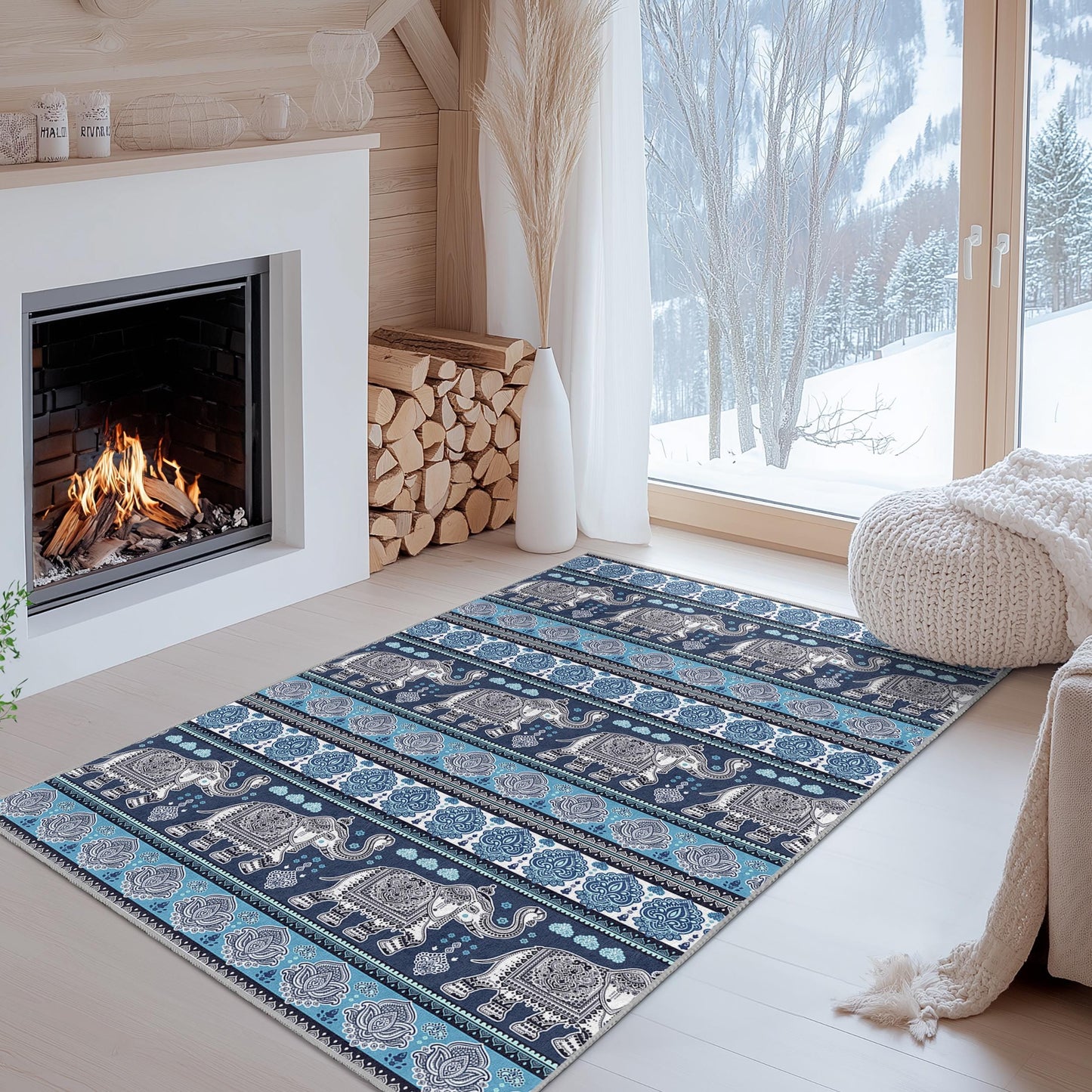 Eleganter rechteckiger Teppich mit Elefantenmuster, Boho-Stil, Wohnzimmerteppich, einzigartiges Elefantendesign, weicher Teppich