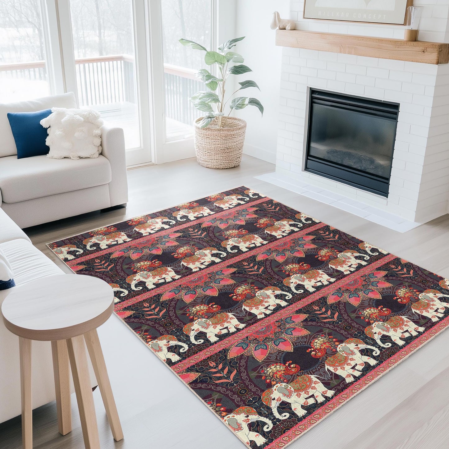 Rechteckiger Teppich mit Elefantenmuster im Boho-Stil, farbenfroher Elefantenteppich, Wohnzimmerteppich, einzigartige Wohndekoration, Teppich im Ethno-Design