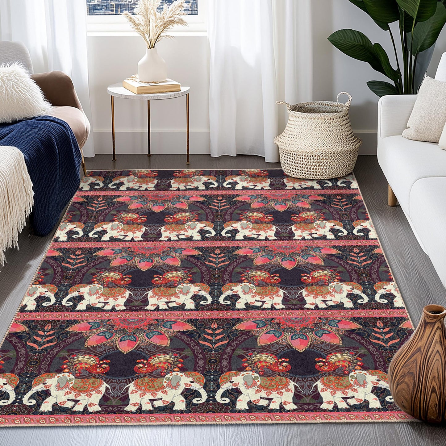 Rechteckiger Teppich mit Elefantenmuster im Boho-Stil, farbenfroher Elefantenteppich, Wohnzimmerteppich, einzigartige Wohndekoration, Teppich im Ethno-Design