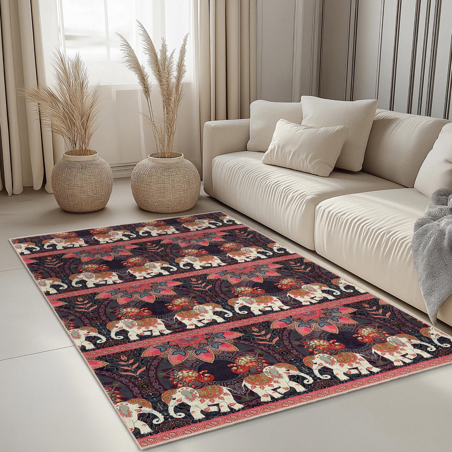 Rechteckiger Teppich mit Elefantenmuster im Boho-Stil, farbenfroher Elefantenteppich, Wohnzimmerteppich, einzigartige Wohndekoration, Teppich im Ethno-Design