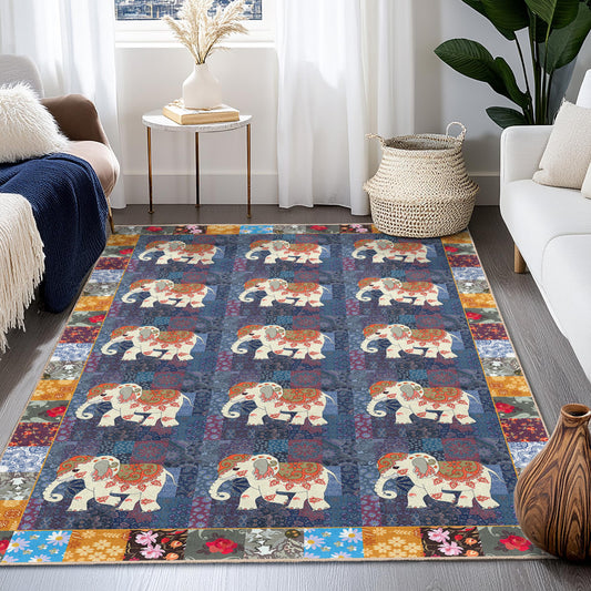 Colorful Elephant Pattern Rectangular Rug, Bohemian Style Area Rug, Living Room Decor, Unique Home Accent, Vintage Elephant Mat