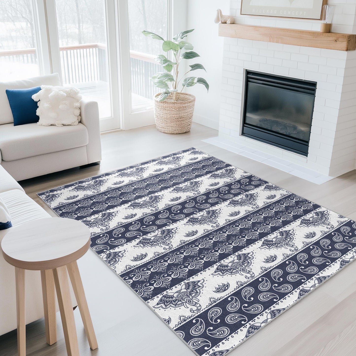 Eleganter rechteckiger Teppich mit Elefantenmuster, marineblauer Boho-Teppich, Wohnzimmerdeko, weiche Fußmatte, Wohndesign