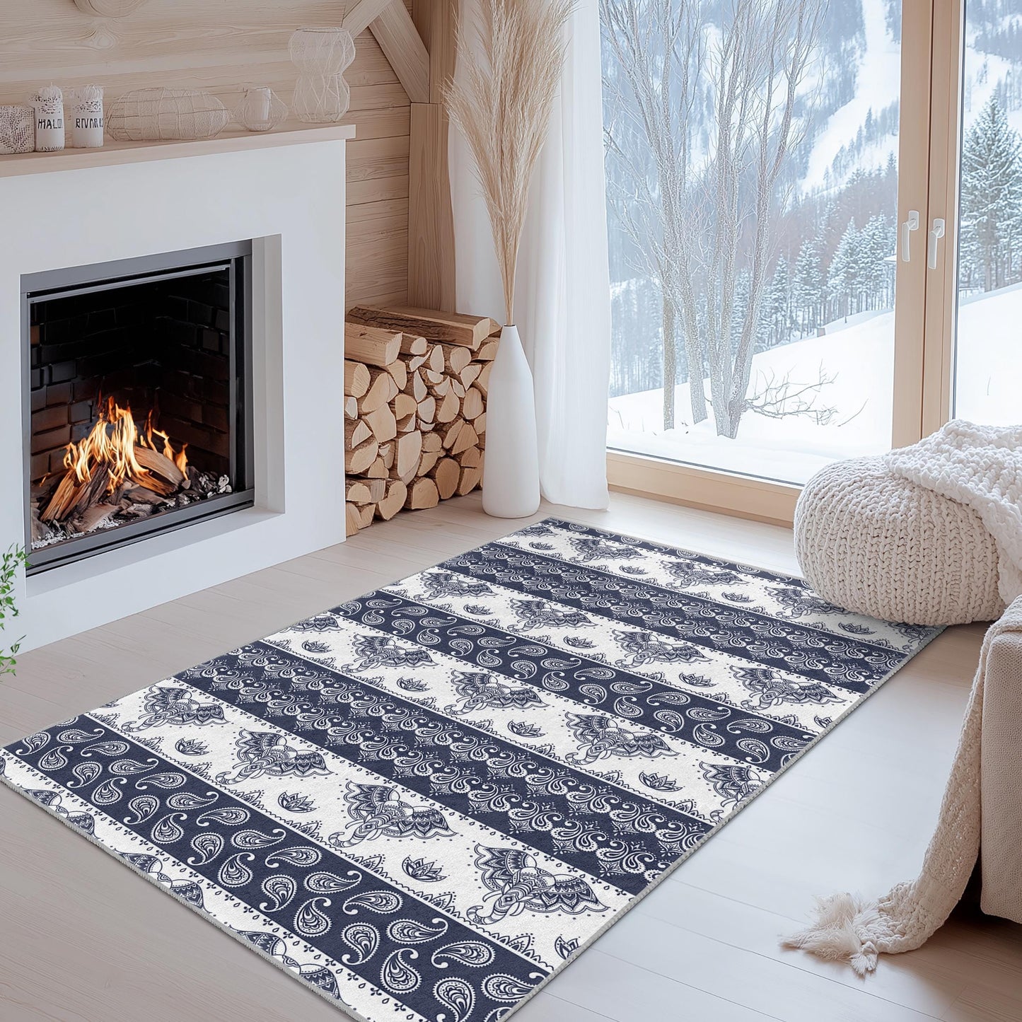 Eleganter rechteckiger Teppich mit Elefantenmuster, marineblauer Boho-Teppich, Wohnzimmerdeko, weiche Fußmatte, Wohndesign
