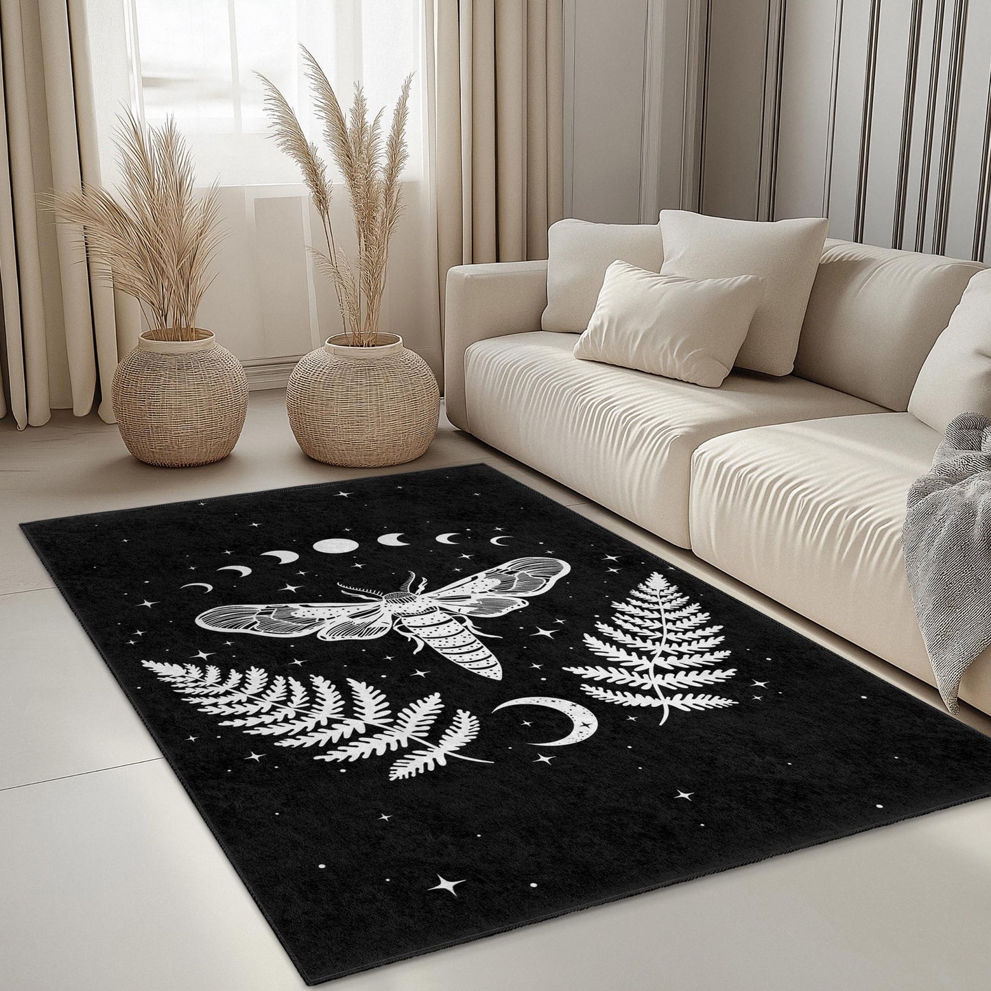 Rechteckiger Teppich mit mystischem Motten- und Farnmuster, Boho-Teppich in Schwarz-Weiß, dunkler Wohnzimmerteppich, einzigartige Wohndekoration