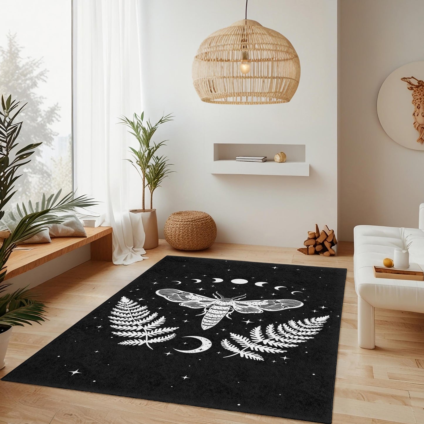 Rechteckiger Teppich mit mystischem Motten- und Farnmuster, Boho-Teppich in Schwarz-Weiß, dunkler Wohnzimmerteppich, einzigartige Wohndekoration