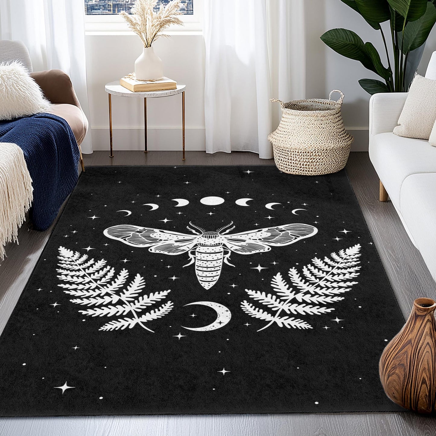 Mystical Moth and Fern Rectangle Area Rug, Bohemian Black and White Rug, Dark Decor Rug for Living Room, Unique Home Decoration